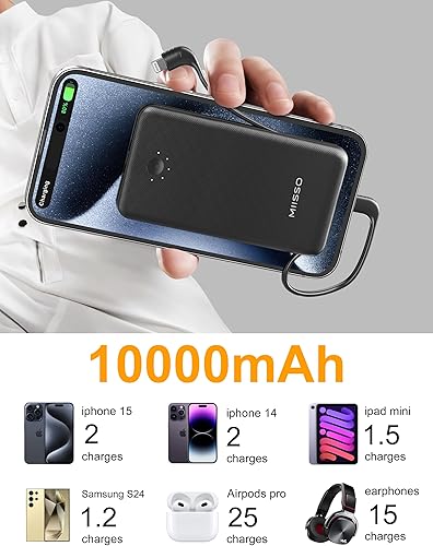 Miniatura 6 de miisso Banco de energía ultra delgado de 10000 mAh, cables integrados y enchufe de pared plegable de CA, cargador portátil USB C de tamaño bolsillo