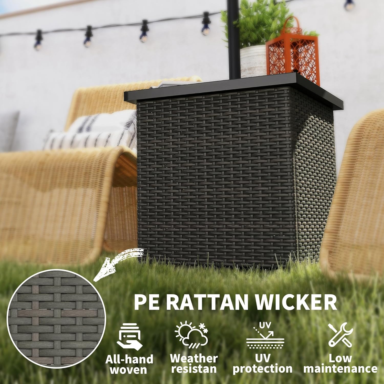 Outsunny All Weather Wicker Side Table with 1.5" Umbrella Hole, Square PE Rattan Outdoor End Table with Umbrella Base, UV-Resistant Frame, Storage Space for Patio, Garden, Poolside, Deck, Mixed-Brown