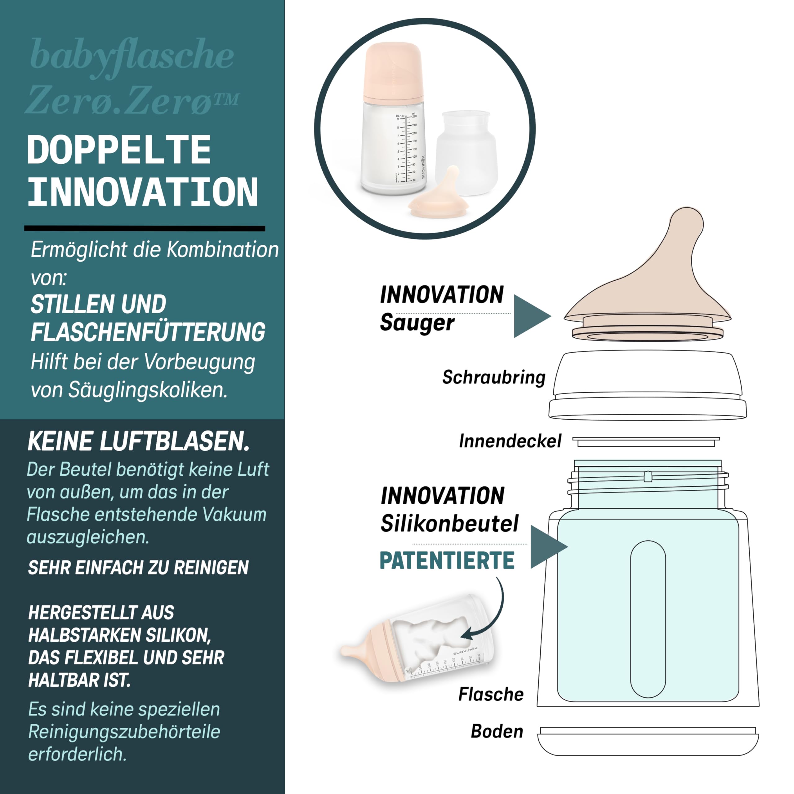 Suavinex, 4er Pack Anti-Colic Babyflasche Zero Zero,mit mittlerem Silikonsauger (M), für Babys ab 3 Monaten, Empfohlen für gestillte Babys und Flaschennahrung, 270 ml, Fair