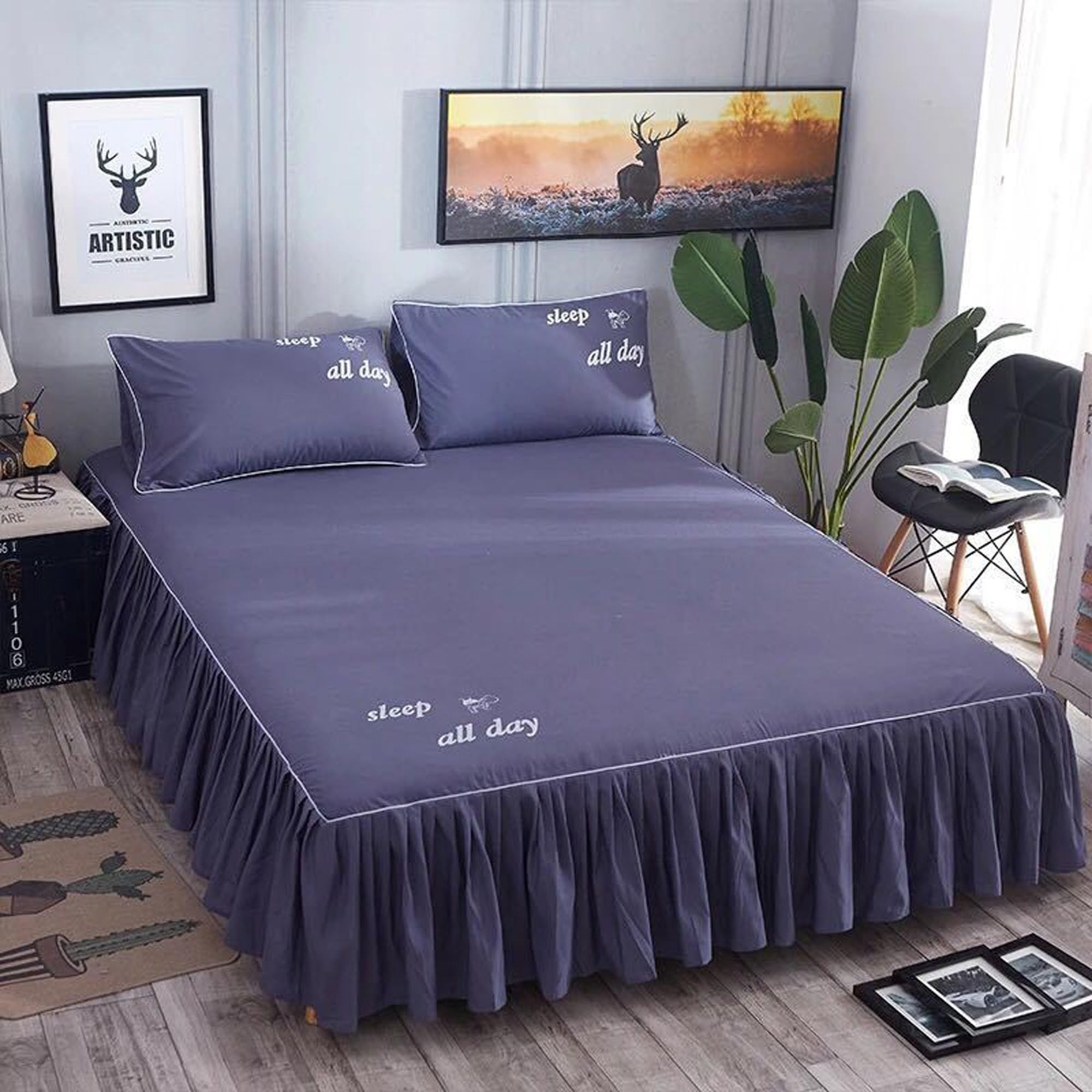 Faldón de Cama Set, Funda de Cama con Volantes, Suave Transpirable Sábanas con Volantes, Fundas De Almohada, Lavable A Máquina para Dormitorios De Estilo Rústico Y Moderno