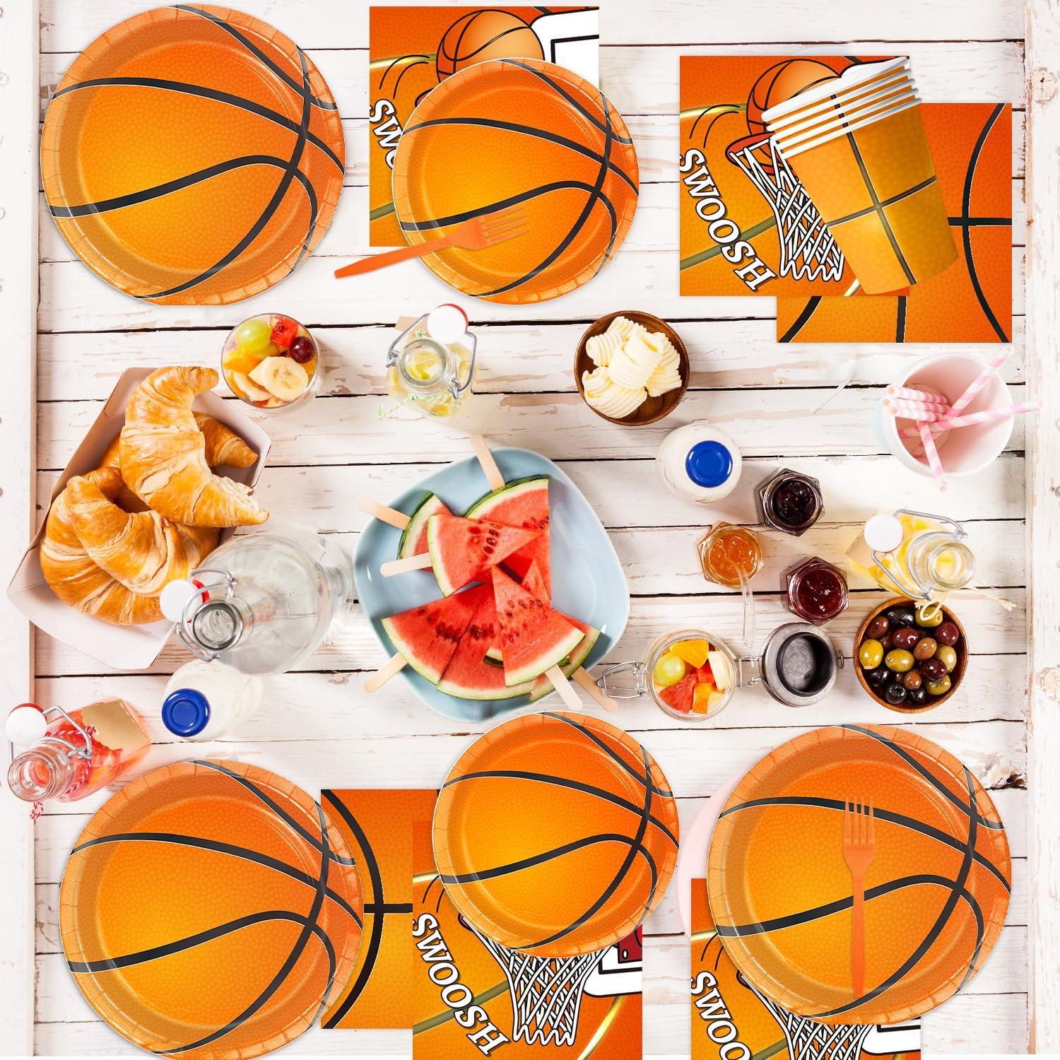130 Pcs Basketball Party Supplies Basketball Party Decorations Plates Napkins Cups Forks Tablecloth Banner Hanging Swirl for Basketball Birthday Party Decorations, Serves 24