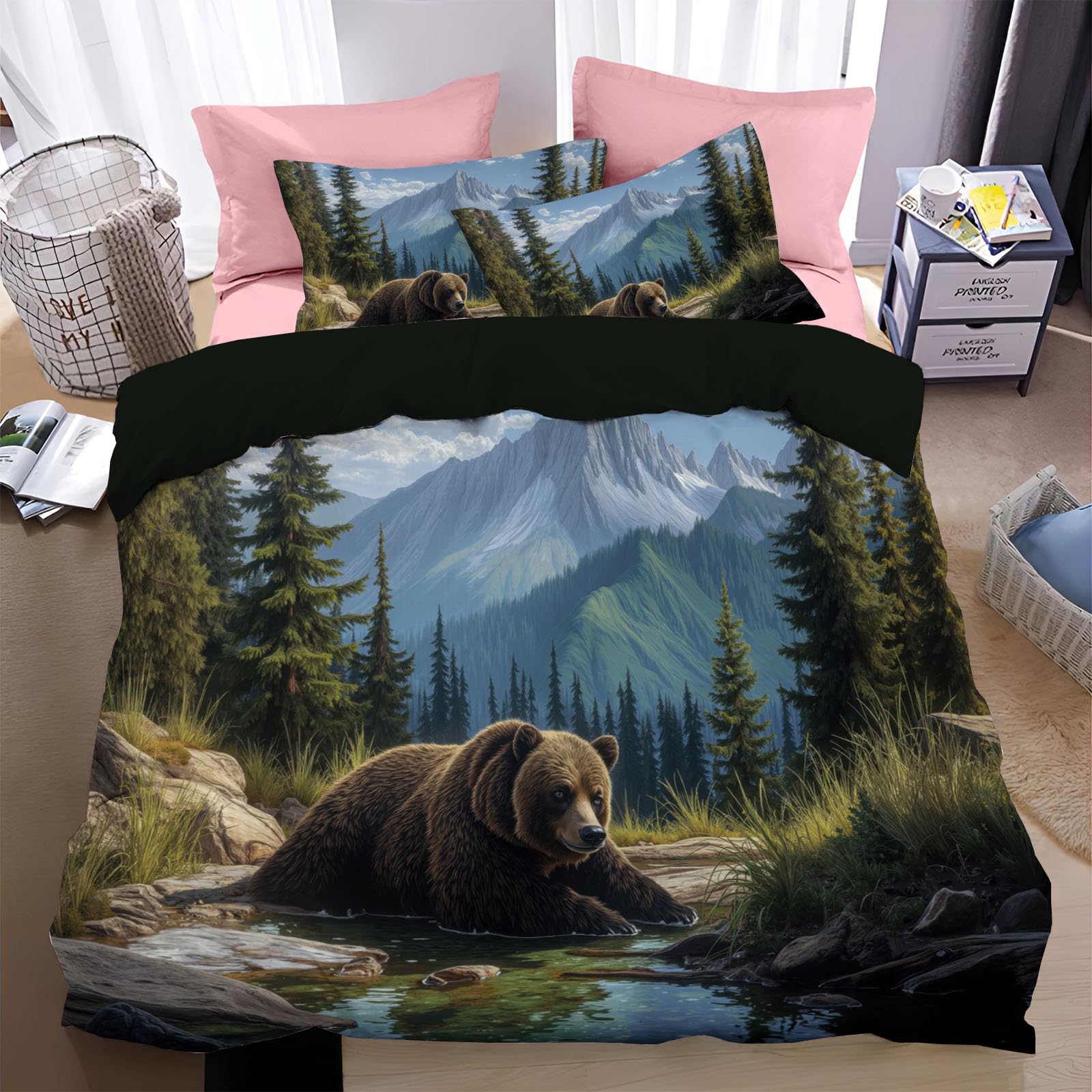 Housse de couette 220x240 faune de l'ours brun pins parure de lit 2 personnes