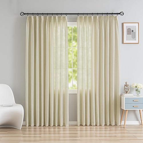Cortinas de lino sintético con pliegues con pellizco para ventana, cortinas semitraslúcidas con cordón y ganchos para el hogar, oficina, hotel; 54