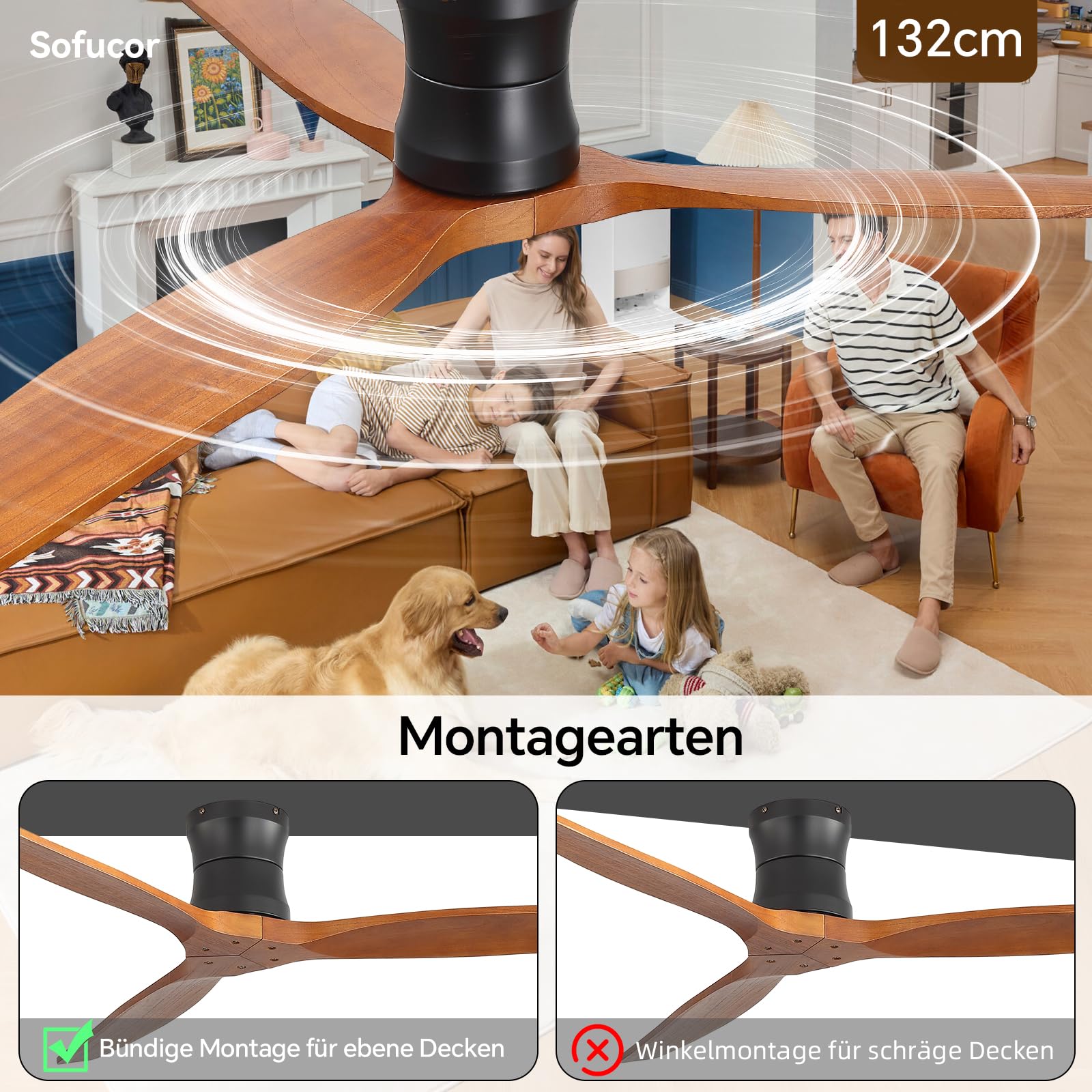 Sofucor 132cm Deckenventilator mit Fernbedienung, Massivholz Deckenventilator ohne Licht, Leise DC Motor, Timer, 3 Farbtemperatur, 6 Geschwindigkeiten, Sommer Winterbetrieb für Schlafzimmer Wohnzimmer