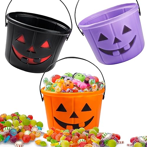 JOYIN 6PCS Halloween Trick or Treat Pumpkin Bucket, Orange Plastic Candy Bucket 