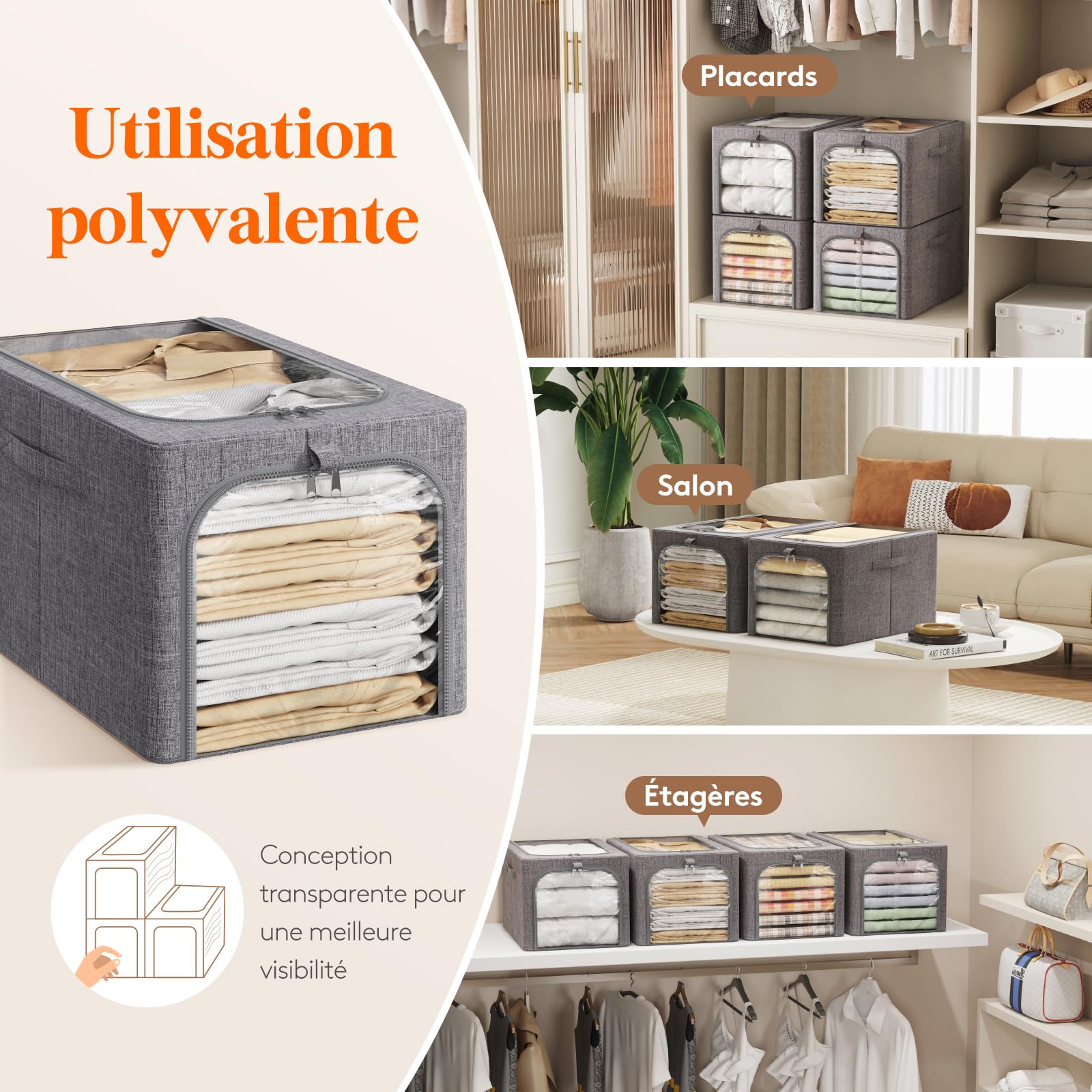 Lifewit Lot de 3 Sacs de Rangement Robuste avec Cadre en Métal, Boîte