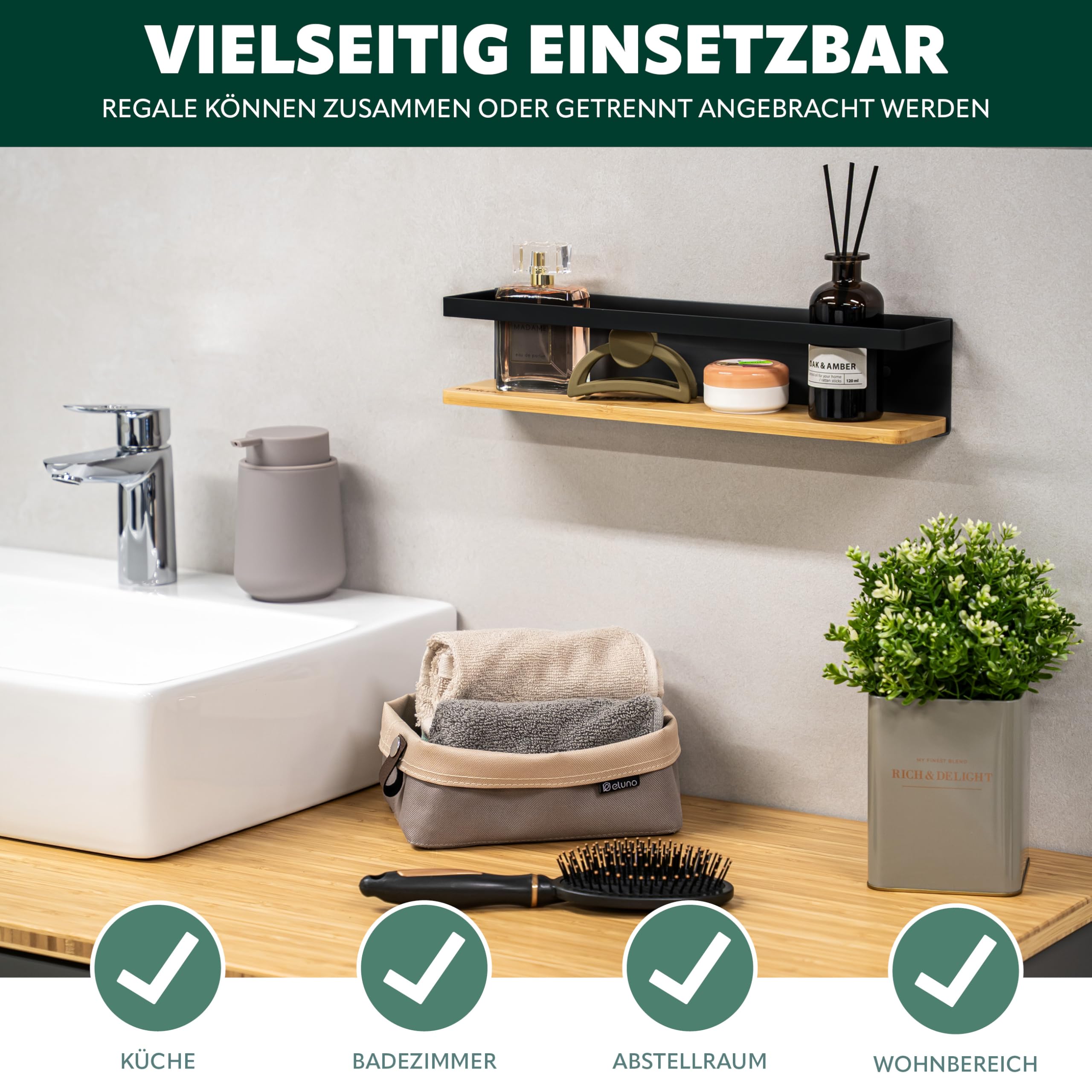 eluno Gewürzregale 2er Set mit Bambusboden, platzsparende Gewürzhalter zur Wandmontage zum Kleben oder zum Bohren - Regale schaffen mehr Ordnung auf der Arbeitsfläche, aus Metall (Schwarz)