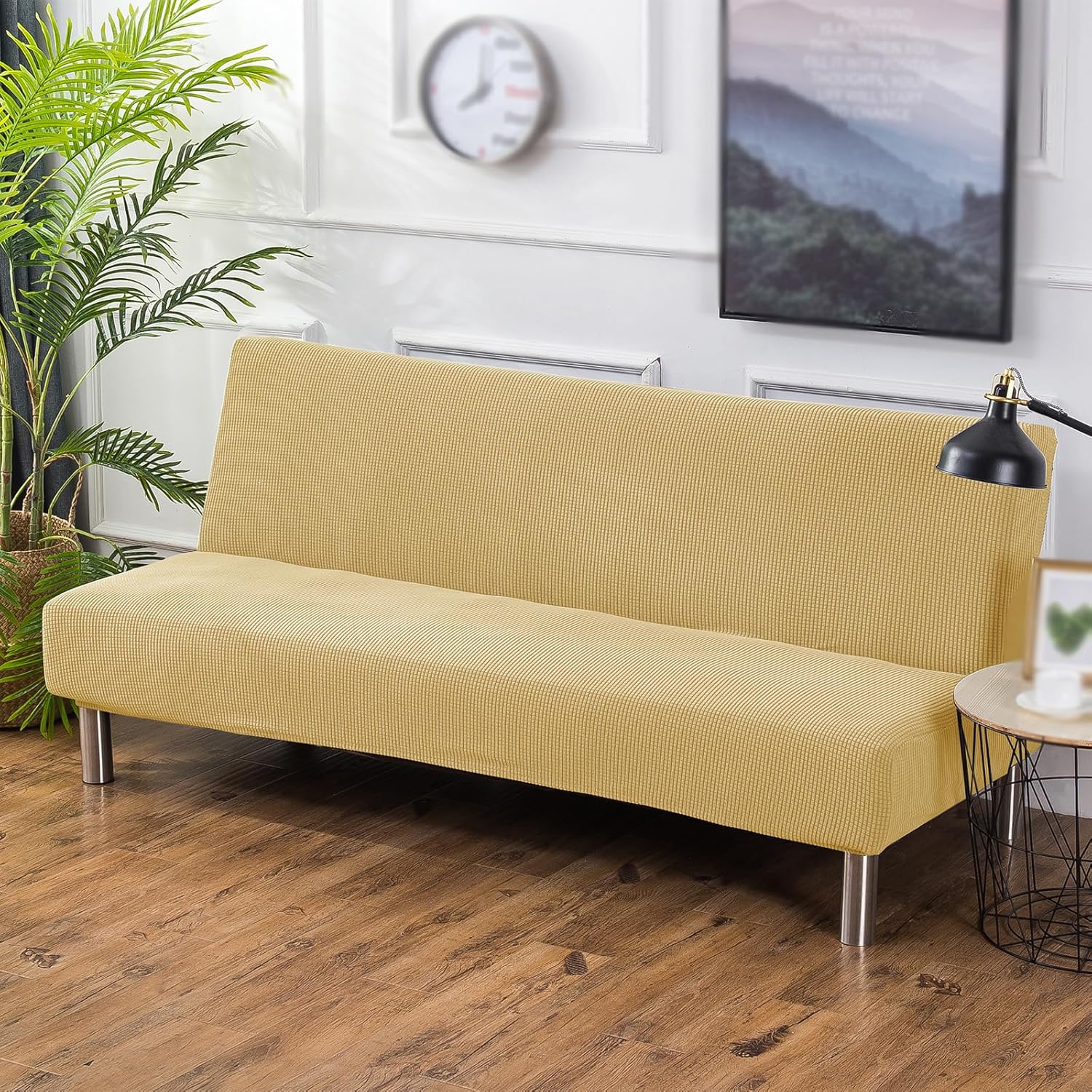 Stretch Futon Cover, Couch Cover for Futon, Armless Sofa Cover, Foldable Sofa Bed Slipcover Without Armrest, Universal Sofa Slipcover Furniture Protector for Kid, Pet(Small Checks Light Yellow,Medium)