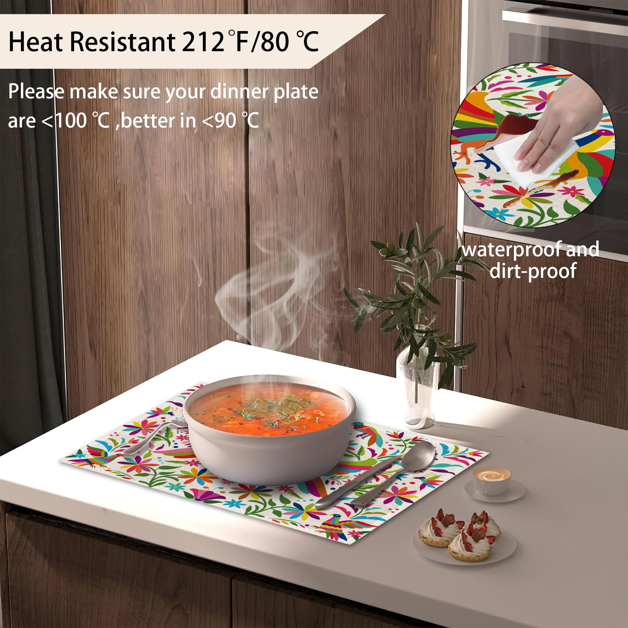 Juego de 6 manteles individuales coloridos con diseño de pájaro mexicano, de lino étnico, lavables, para cocina, comedor, resistentes al calor, para fiestas en casa, interiores, vacaciones, 12 x 18