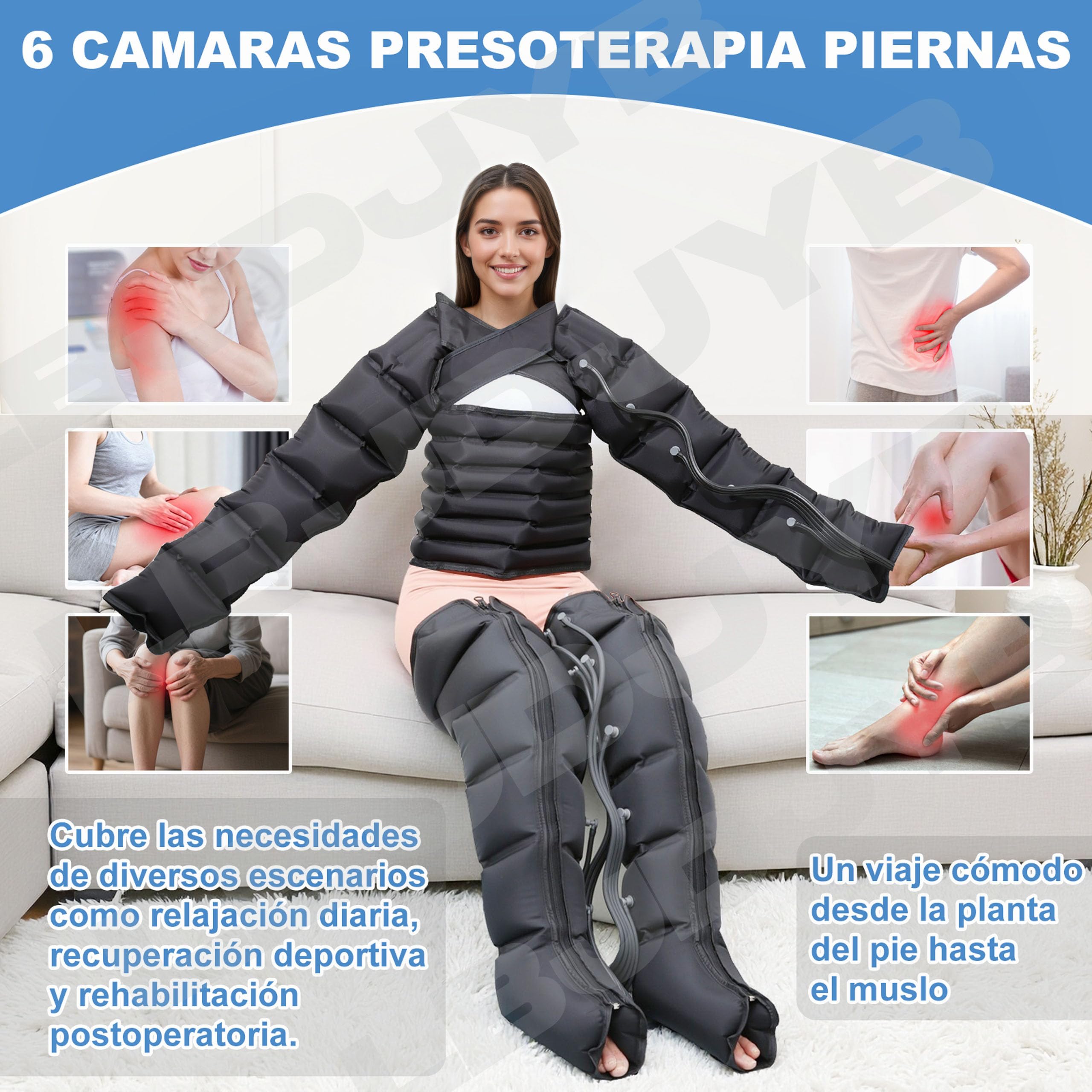 Presoterapia para Casa Abdomen y Piernas, Maquina Botas Aparato Presoterapia Profesional Piernas cuerpo completo, 6 camaras Masajeador Circulación Drenaje Linfatico, Bajo Ruido, 30-240 mmHg Ajustable
