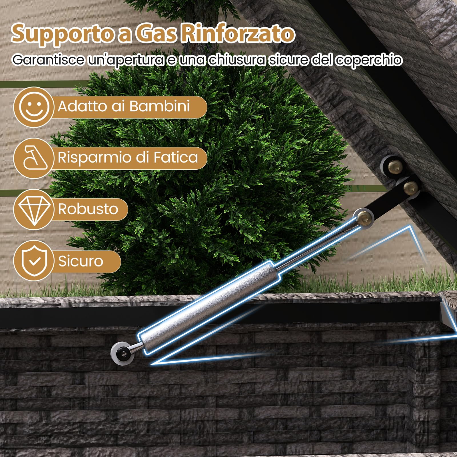 COSTWAY Baule da Giardino 186 L, Panca Contenitore in Rattan con Scarpiera, Rivestimento Protettivo, Organizzatore per Cuscini, Accessori Piscina, Attrezzi da Giardino (Grigio)