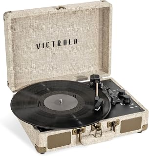 Victrola Journey+ Signature Cream Linen Suitcase Turntable - 3-Speed Bluetooth Vinyl Record Player with Built-in Speakers & RCA Output