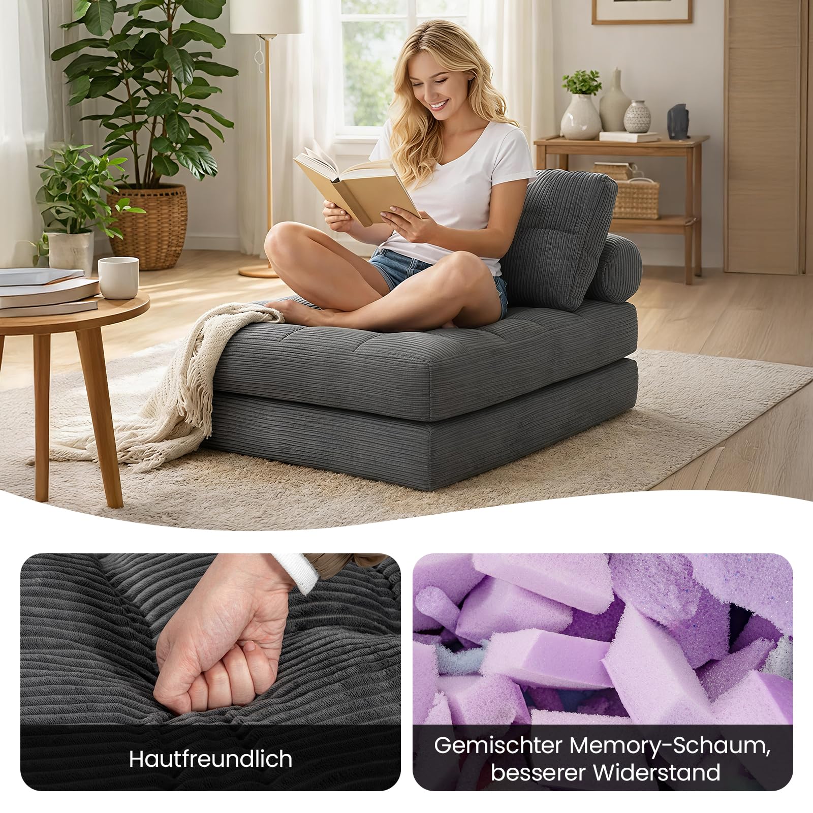 Klappbares Schlafsofa, 4-in-1-Wandelstuhlbett und Sitzsackcouch, platzsparendes Gästebett für kleine Wohnungen, Studentenwohnheime, Wohnzimmer und Schlafzimmer, keine Montage erforderlich (Grau)