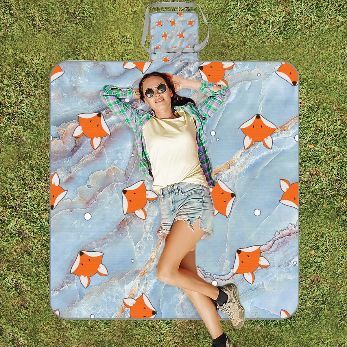 Moderna manta de picnic con diseño de zorro de mármol, 150 x 145 cm, plegable, para exteriores, playa, playa, camping, senderismo, picnic
