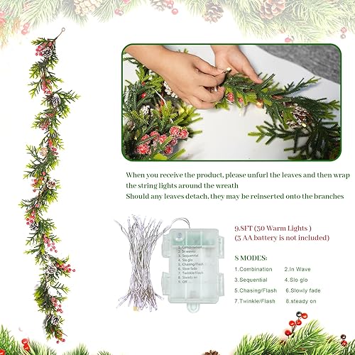 Miniatura 8 de Guirnalda de Navidad de 6 pies con función de temporizador de luces, guirnalda de pino artificial con piñas rojas y bayas rojas, decoraciones de
