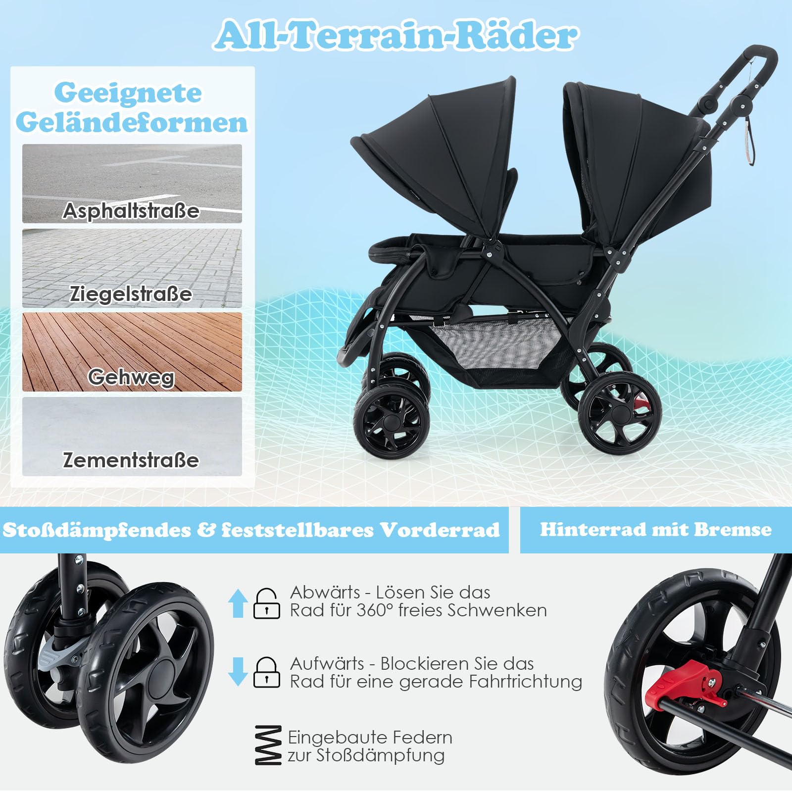 DREAMADE Geschwisterwagen 2 in 1, Doppelkinderwagen Faltbar, Babywagen mit Doppelsitz, Grau
