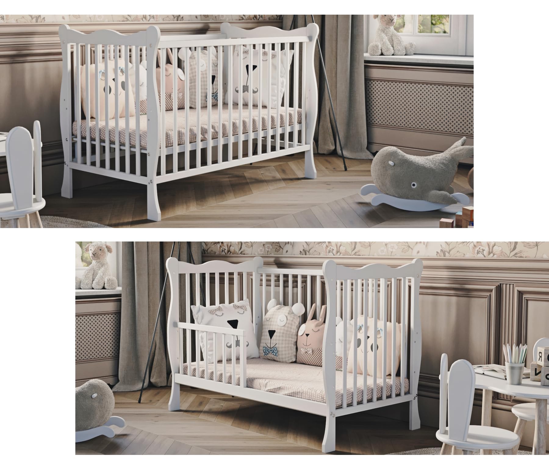 Cuna Julia de 60 x 120 cm, convertible en cama junior, 3 alturas ajustables, 3 barras extraíbles, de madera (con lado de conversión (sin colchón)