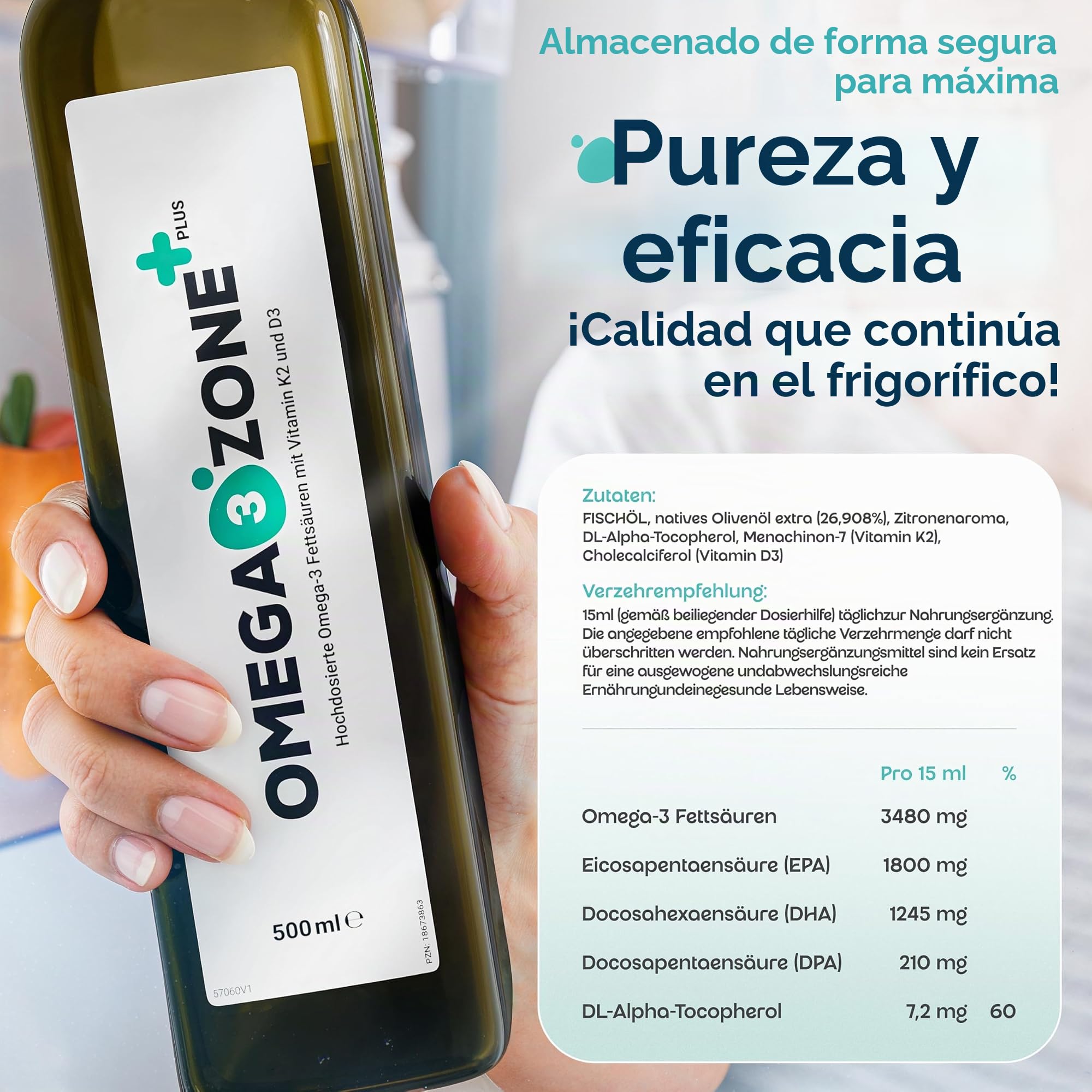 omega3zone Premium Omega‑3 Aceite con Vitamina D3 K2 – Aceite de pescado de alta concentración D3K2 – All trans MK‑7 K2 3.840 mg por porción– Analizado en laboratorio Fabricado Alemania – Limón 500 ml
