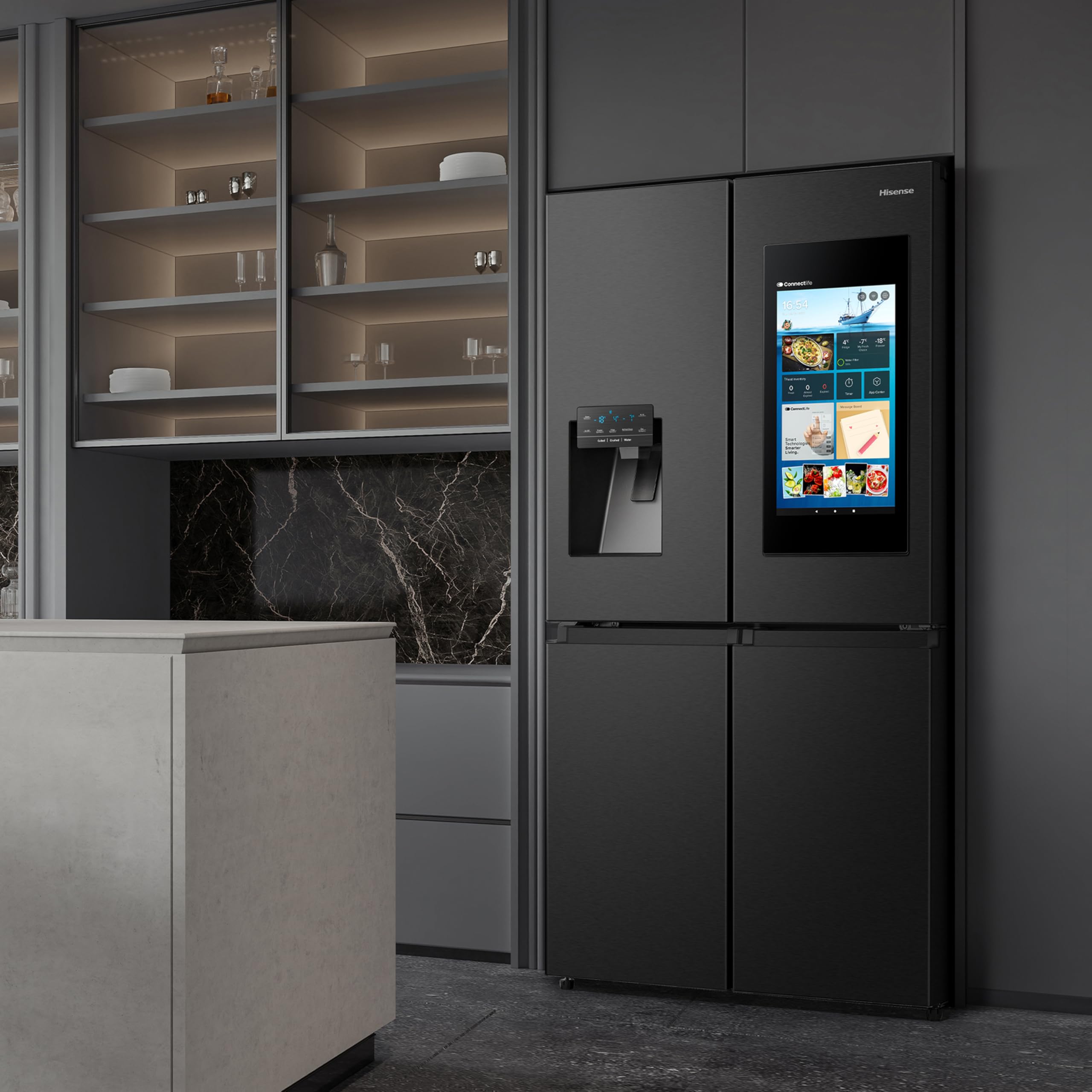 Hisense RQ760N4IFE Cross Door Puerta Americana con dispensador, Total NoFrost, Smart Connectivity con Pantalla & WiFi, MultiFlow,Metal Tech Cooling, E, Negro