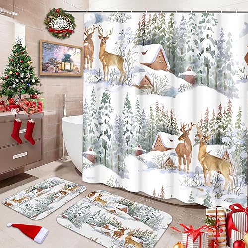 Juego de baño de Navidad con cortina de ducha y alfombras y accesorios, juego de cortinas de ducha de copos de nieve rojos, cortinas de ducha con