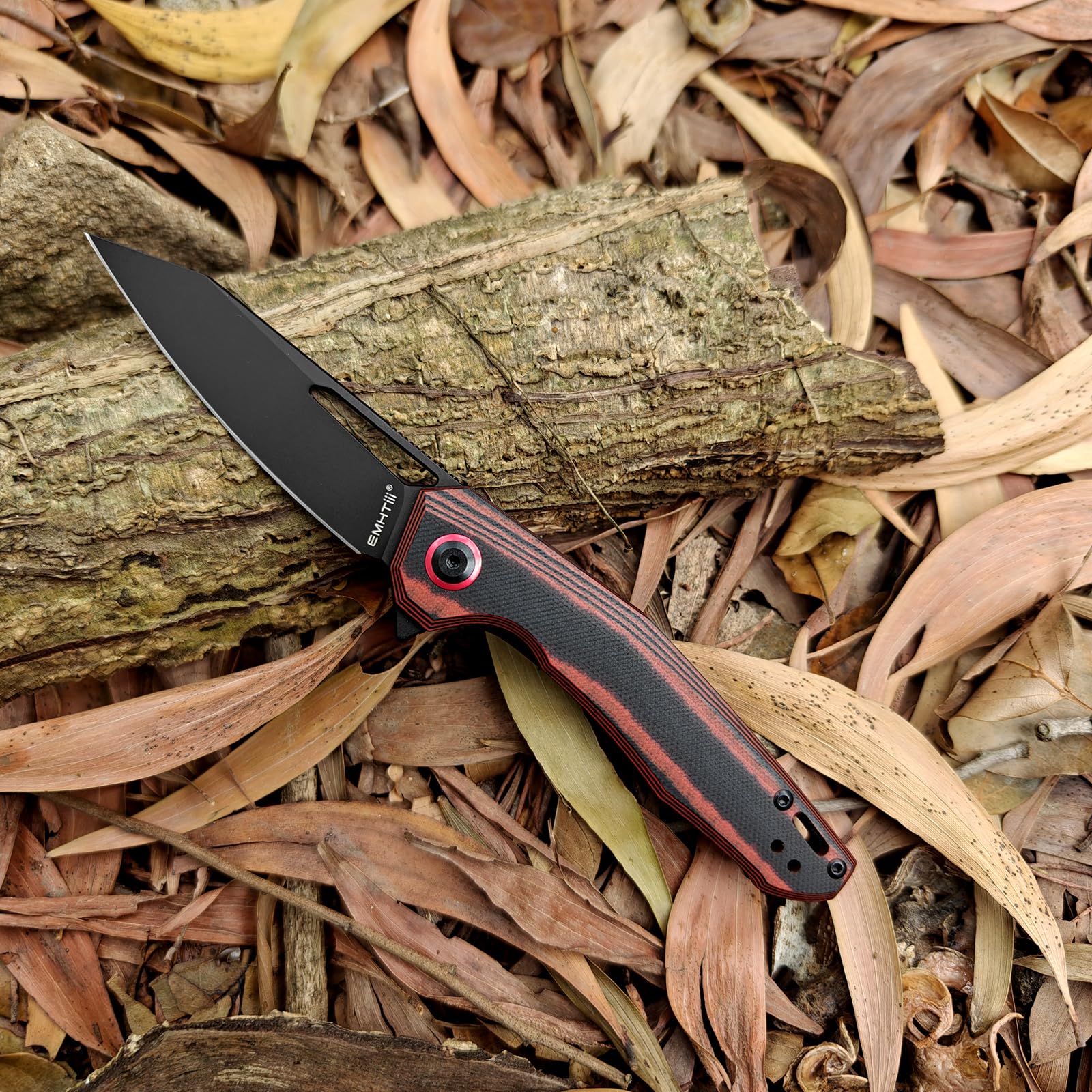 EMHTiii Premium EDC Folding Pocket Knife - D2 Steel Blade with Reverse Tanto Design G10 Handle and Deep Clip for Outdoor Daily Carry E031, Black Red
