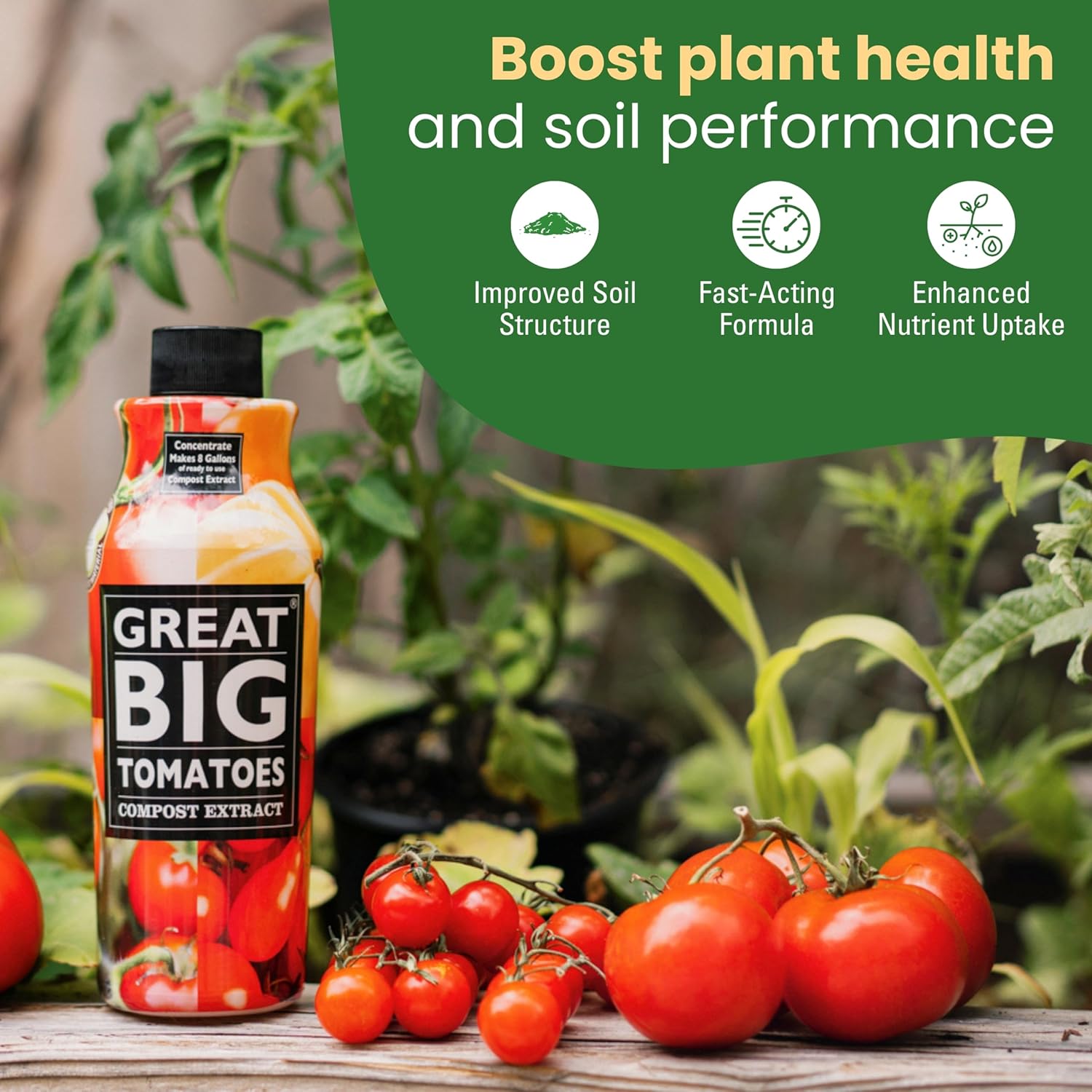 Great Big Tomatoes Soil & Fertilizer Booster for Big Vegetable Yields, Better Fertilizer & Plant Food Efficiency, and Garden Performance. Perfect for Beginners.1 Gallon Concentrate (Makes 32 Gallons)