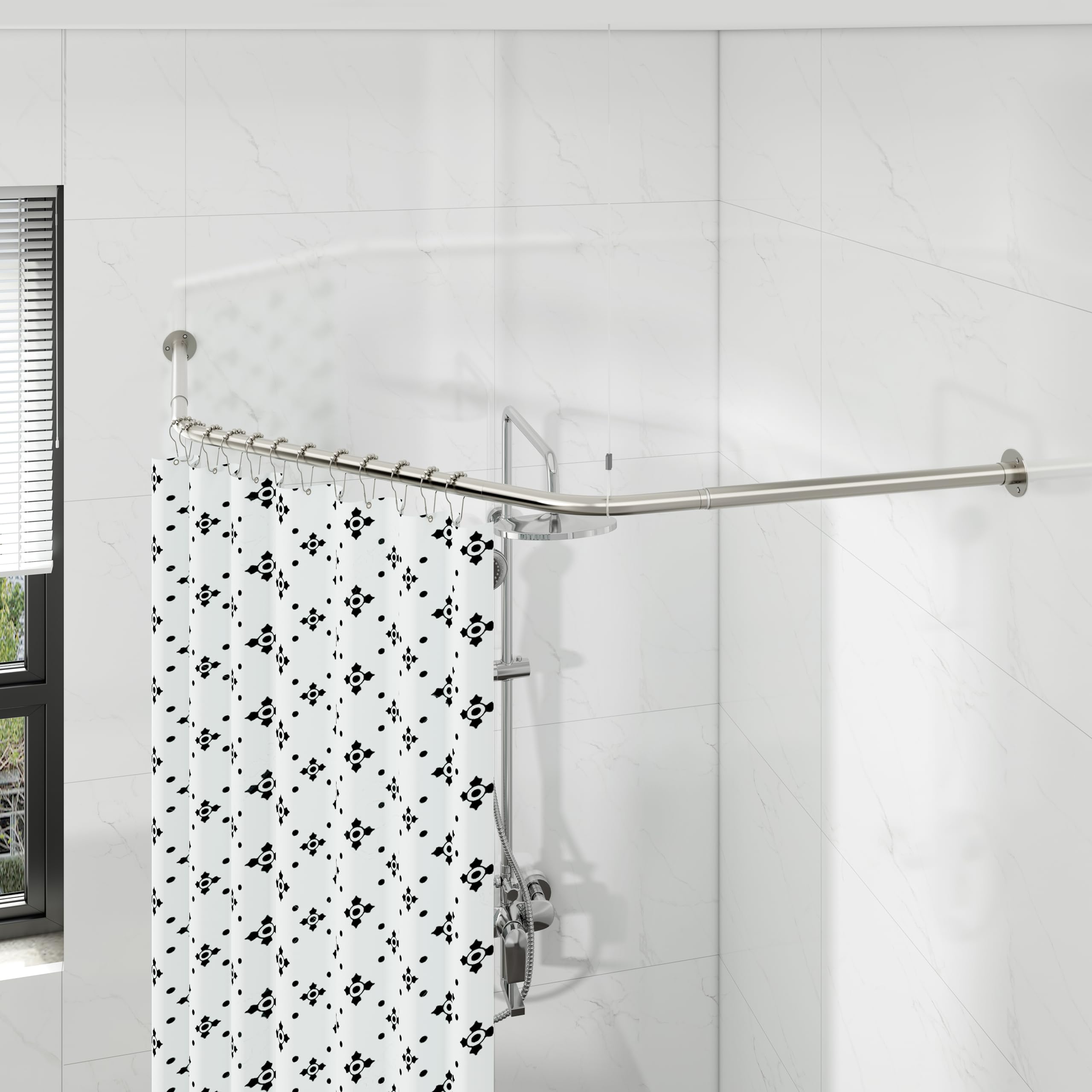 Tringle à rideau de douche en forme de diamant, barre de douche d'angle réglable avec 12 anneaux de rideau et support de plafond pour baignoire/salle de bain, montage par perçage requis [Deux côtés