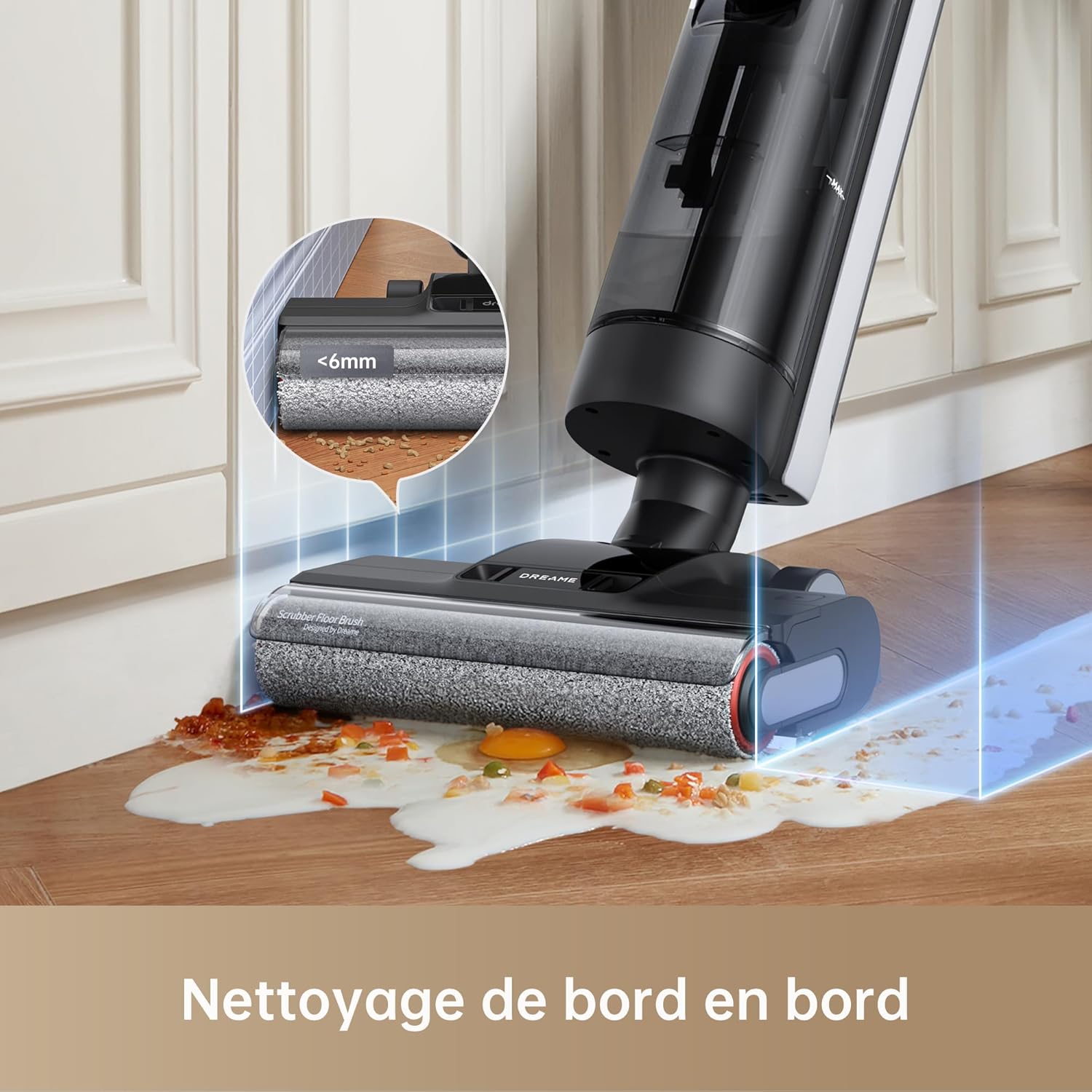 Close-up of the vacuum cleaner's brush roller glowing orange, indicating hot air drying at 55 degrees Celsius