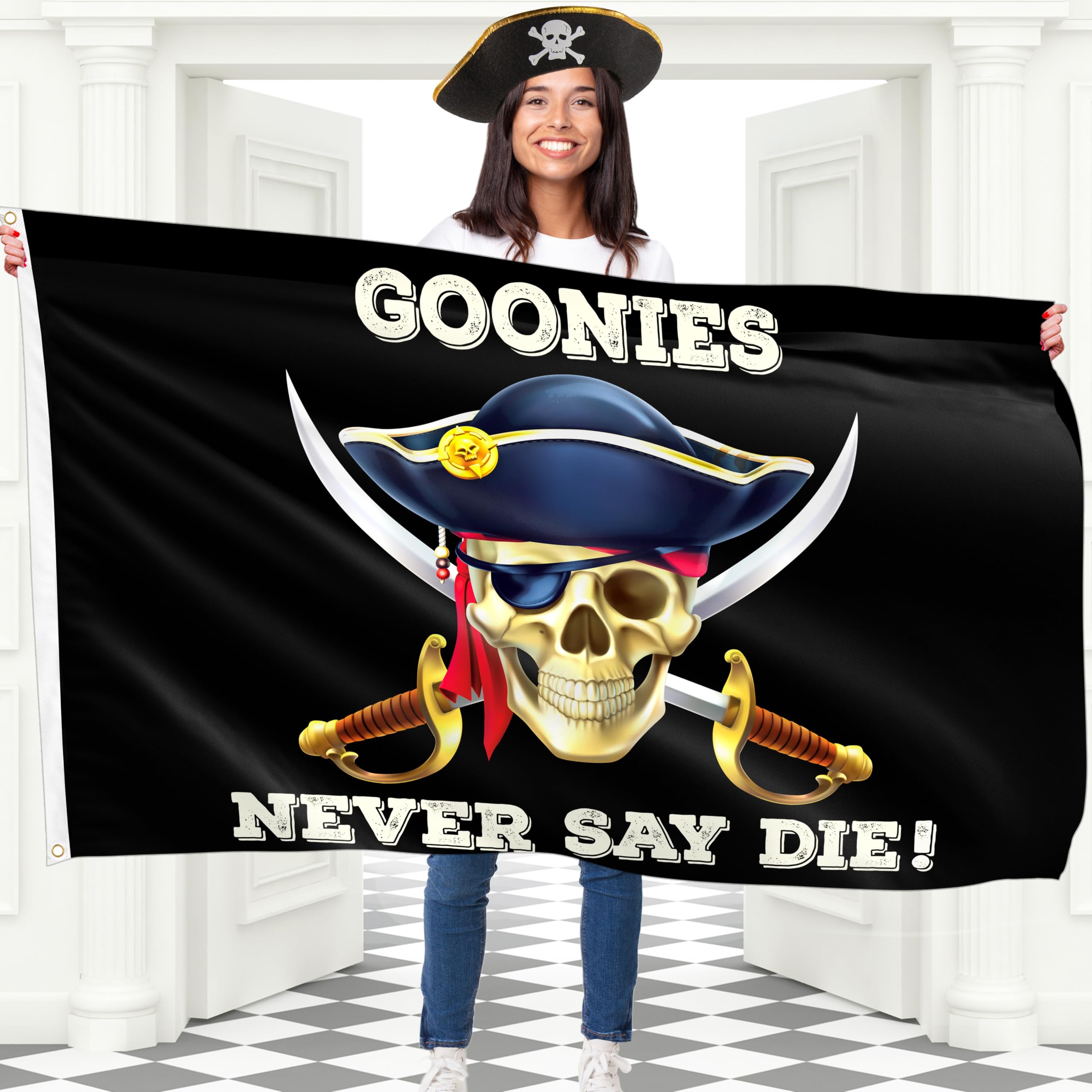 Goonies Never Say Die Flag – Jolly Roger Flag – Pirate Funny Flag – 110Den polyester - Double-side Print - 2 brass eyelets, large 5ft x 3ft