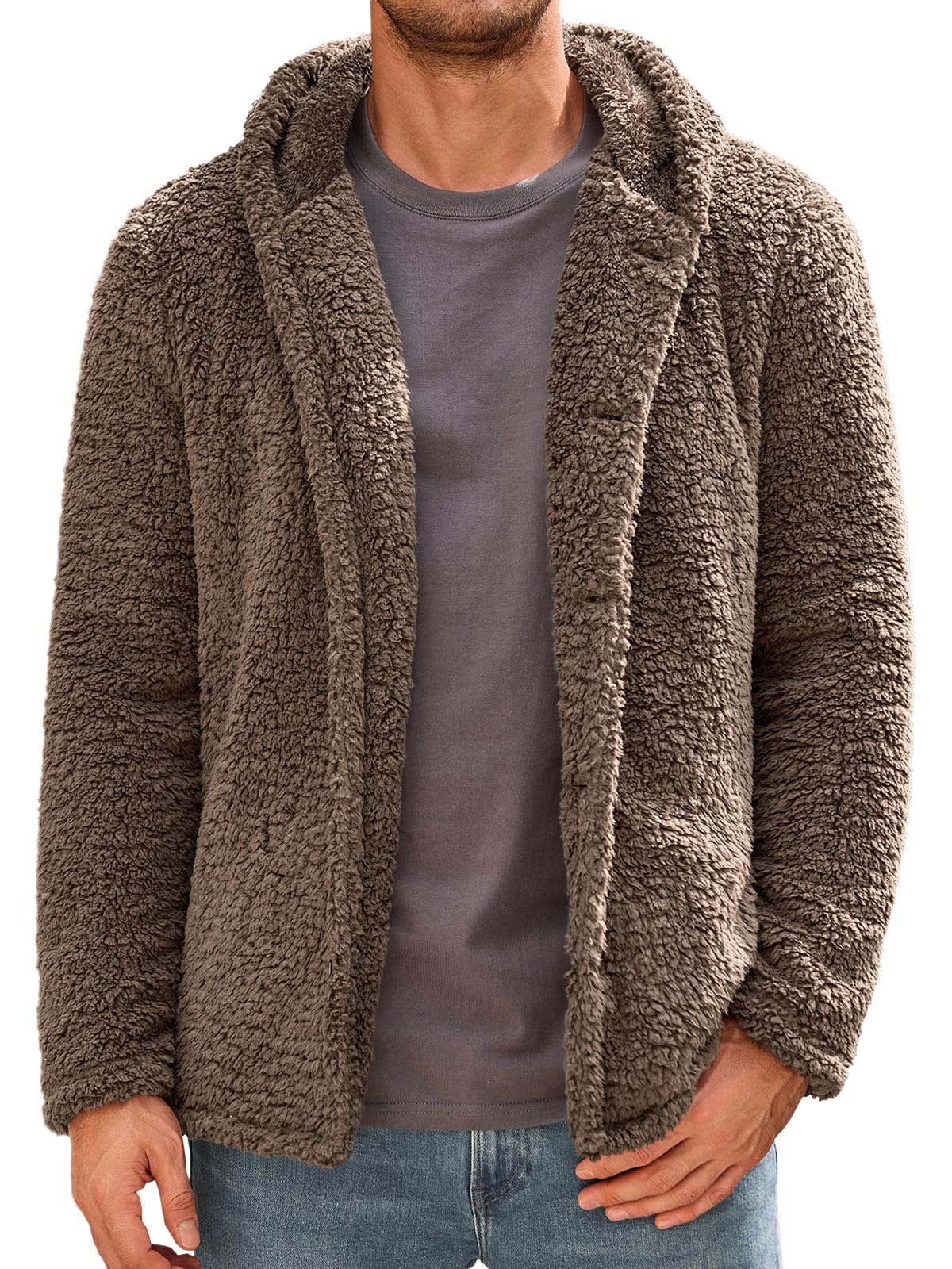 Runcati Mens Fuzzy Sherpa Hoodie Long Sleeve Button Down Fleece Jackets Casual Winter Hooded Sweatshirt