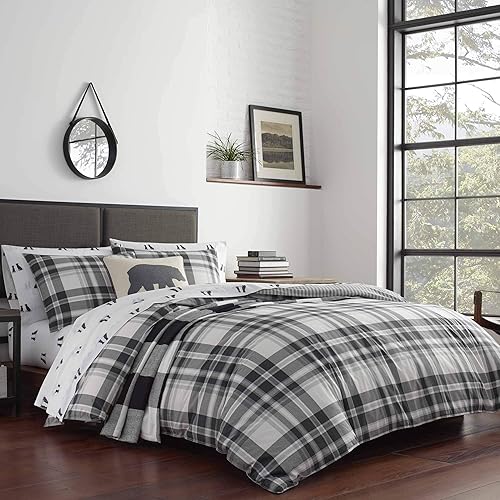 Eddie Bauer Home Coal Creek Collection - Edredón 100% algodón suave y acogedor a cuadros de alta calidad con fundas a juego, juego de ropa de cama