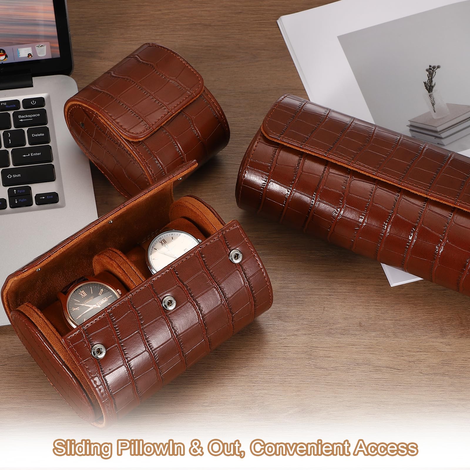 Custodia da viaggio per orologio da uomo in pelle con motivo coccodrillo, astuccio arrotolabile per orologio, scatola portaoggetti portatile per orologio, ideale per Natale, compleanno e anniversari