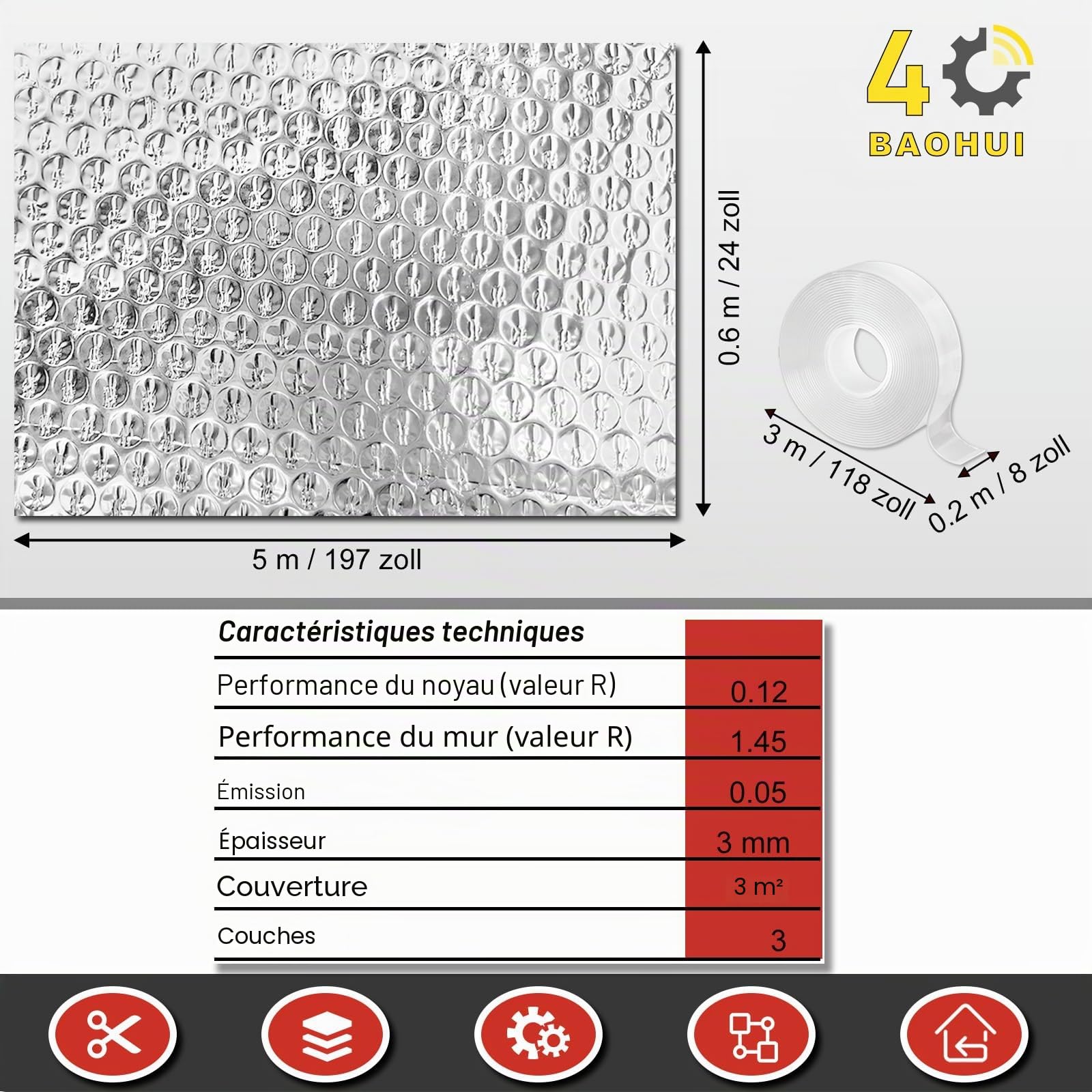 0.6 x 5 m Isolant Thermique, Reflecteur Radiateur en Film Aluminisé a Bulles Double Face, Réflecteur Radiateur Isolant Thermique Voiture, Isolation Thermique pour Fenetre, Voiture, Radiateur