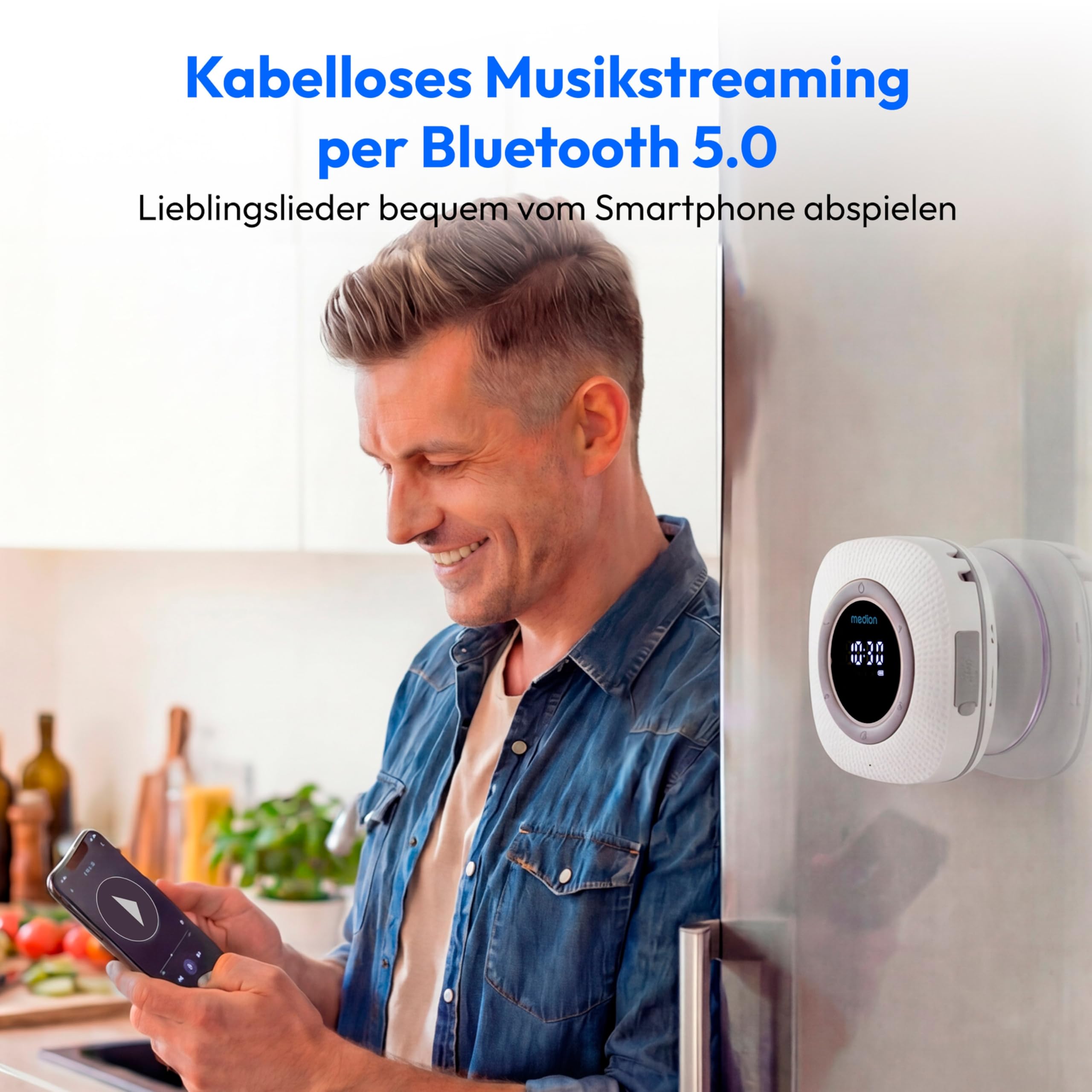 MEDION S66884 Duschradio mit Bluetooth (Badradio, UKW Radio, Saugnapf, LED-Display, IPX6 Wasserdicht, integrierter Akku, MD43884) weiß