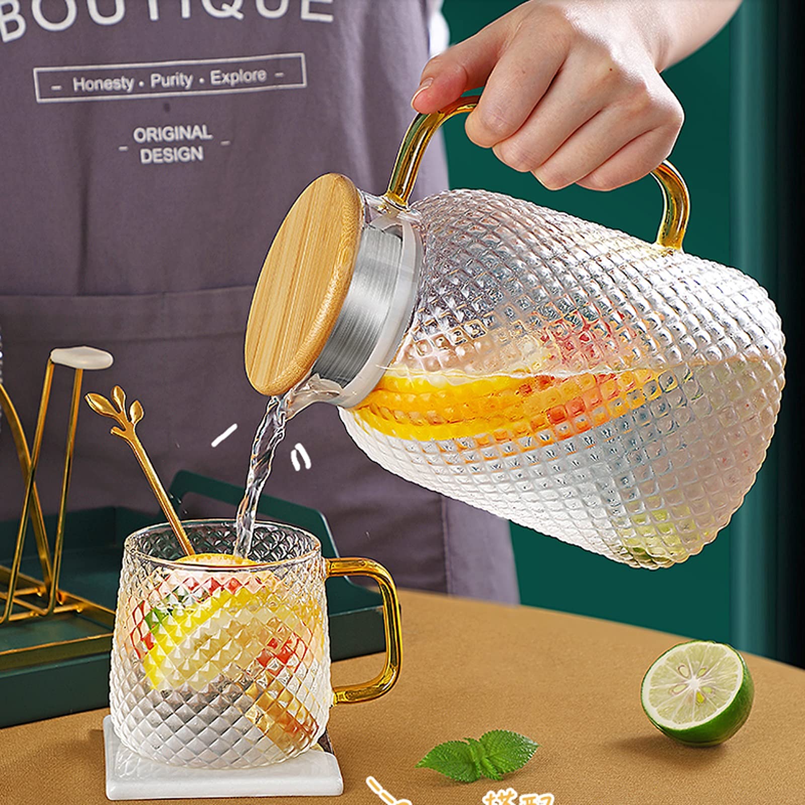 Pichet Pichet en Verre avec poignée et Couvercle, cruche à Eau Faite à la Main for Eau Chaude/Froide, thé de Citron de Glace et Boisson à jus de Fruits Pichets