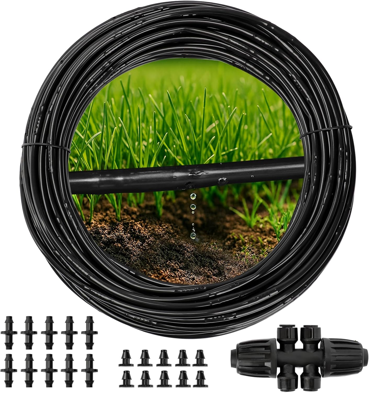 MIXC 1/4" Irrigation Dripline Tubing (100 Ft Roll), Saving 80% Water, 6" Emitter Spacing, 0.5 GPH Emitters Built-In Drip Irrigation Line with 1/4" Fittings Included, Black