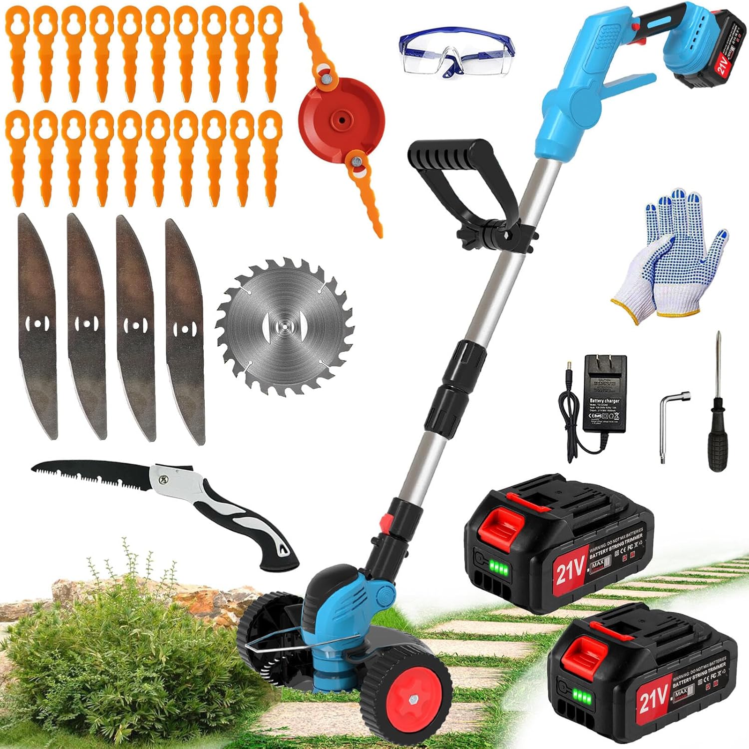 Electric Weed Wacker Cordless Eater Battery Powered Eater Lightweight Edger Portable Stringless Grass Trimmer/Lawn Mower/Brush Cutter, with 3 Types Blades & Wheels for Yard and Garden-Blue