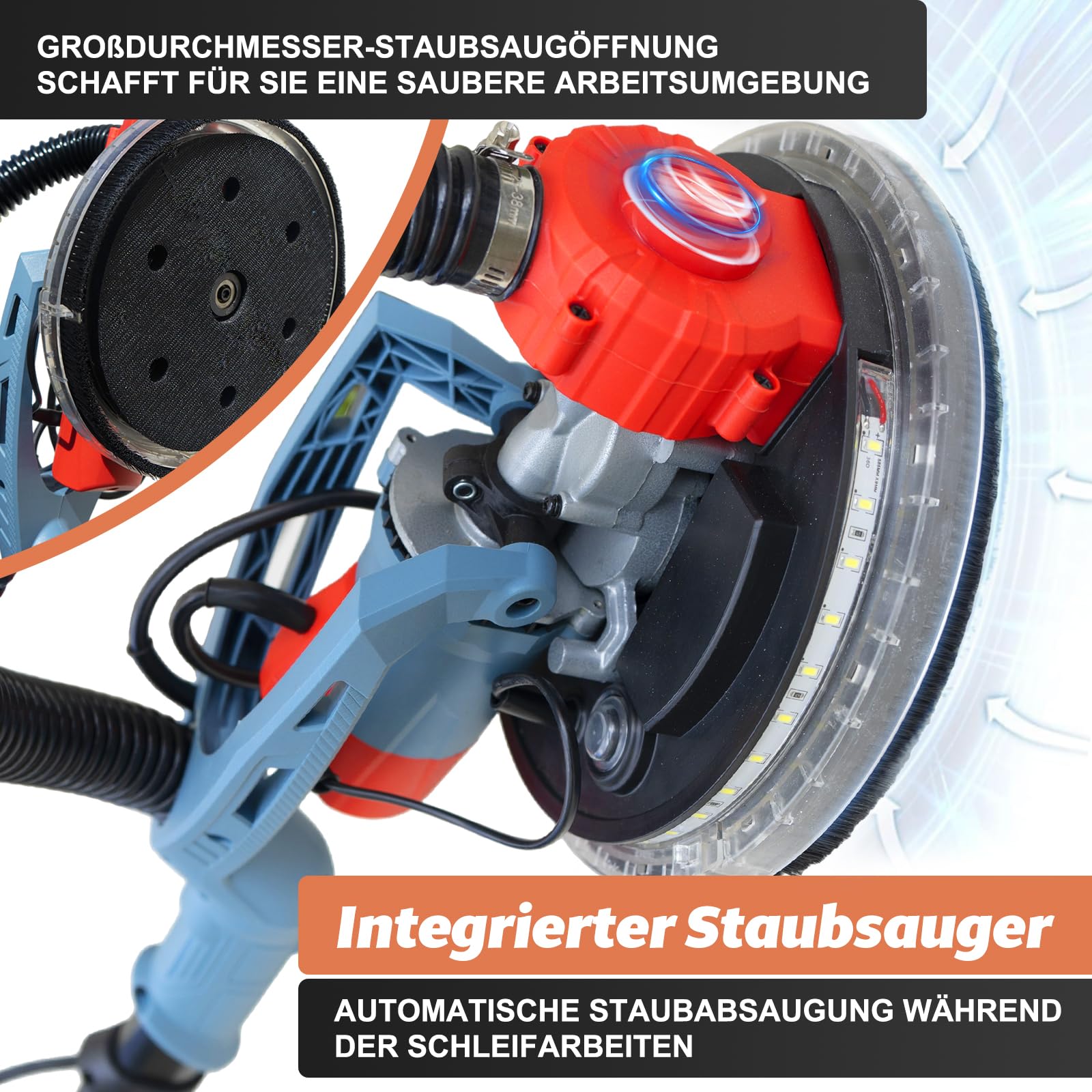 FANZTOOL Trockenbauschleifer 750W mit Integriertem Staubsauger, Ø 225 mm, bis 120° Neigbarer Schleifkopf,1,9m Teleskopierbar,Wand & Deckenschleifer inkl. 12 Schleifscheiben & LED-Arbeitsleuchte