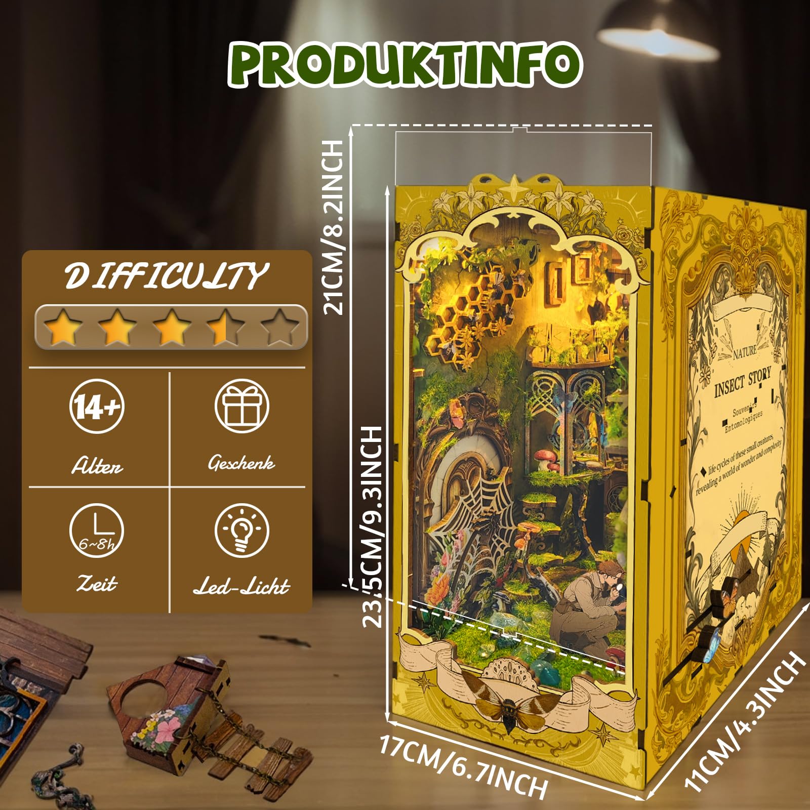 Ulikey DIY Book Nook, Fermalibri in Legno Book Nook 3D Kit per Casa Delle Bambole, Kit di Decorazione Della Libreria Con Luce LED e Istruzioni per Decorazioni e Regali Creativi