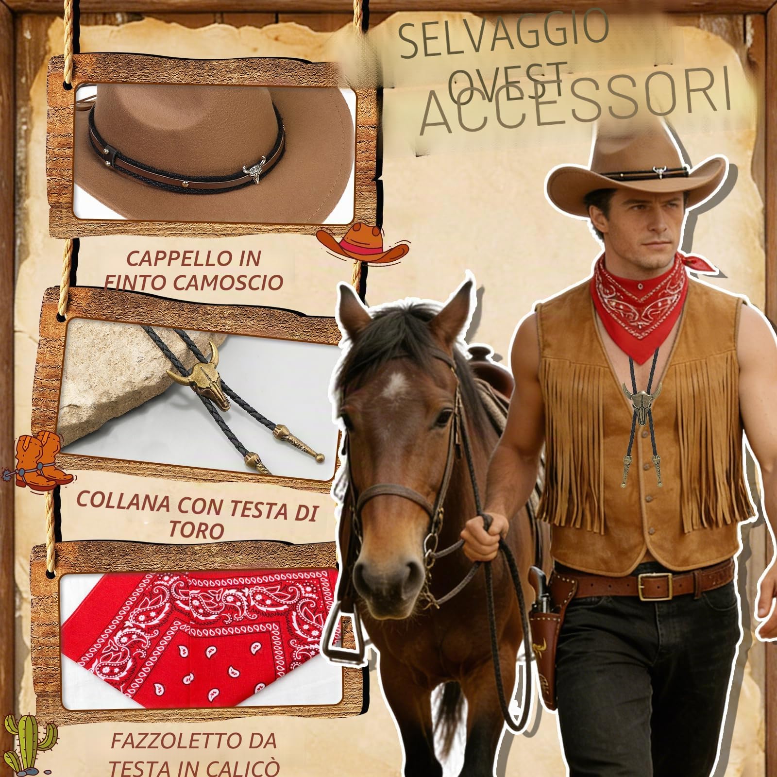 5 Pezzi Cowboy Costume Accessori Uomo Western Cowboy Fancy Dress Set con Cappello Gilet Bandana Bolo Fibbia Cintura Collare per Carnevale Cosplay Fantasia
