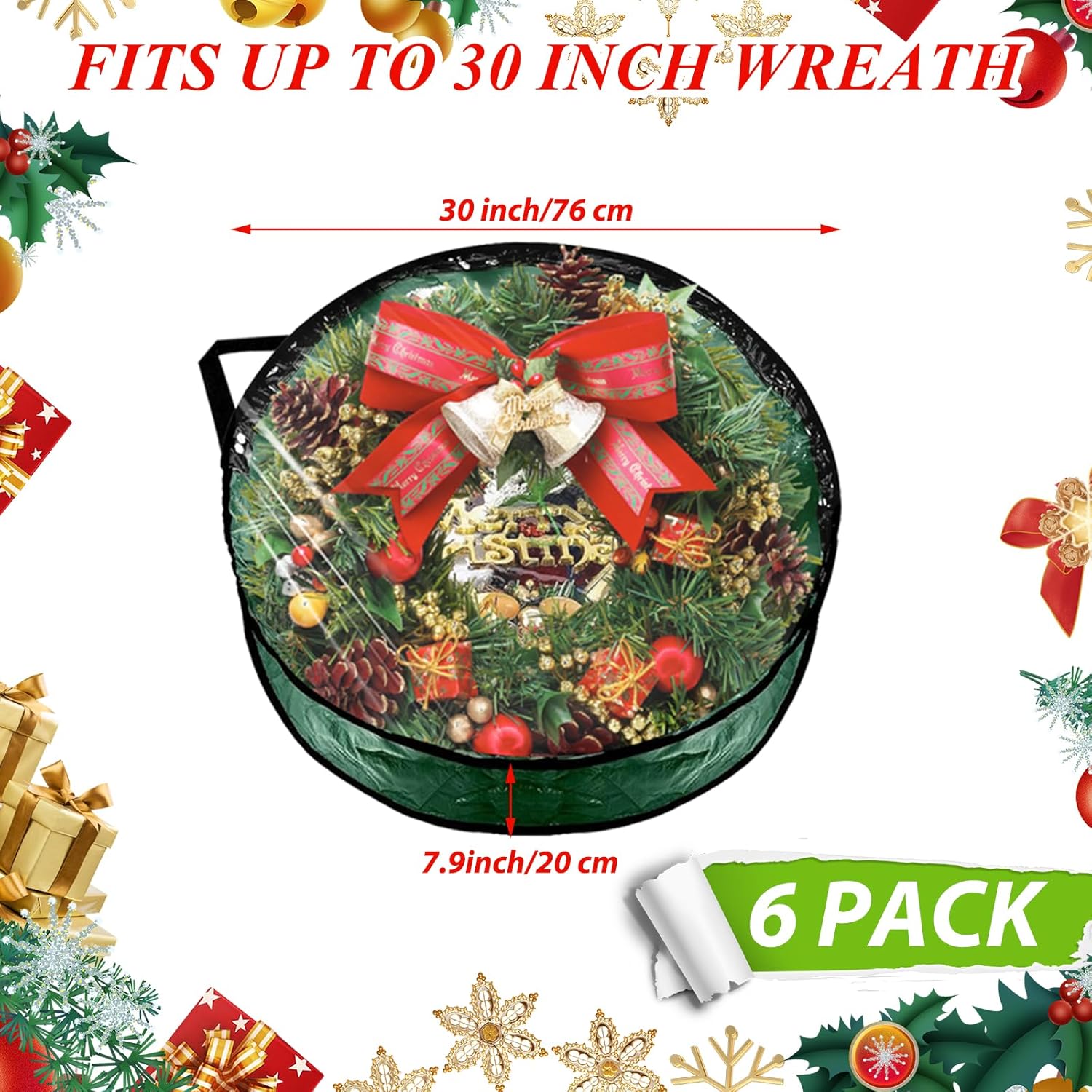 6 Pack Wreath Storage Container, 30 Inch Wreath Storage Bags, Clear Christmas Wreath Storage Container with Sturdy Handles for Holiday Seasonal Decoration, Green