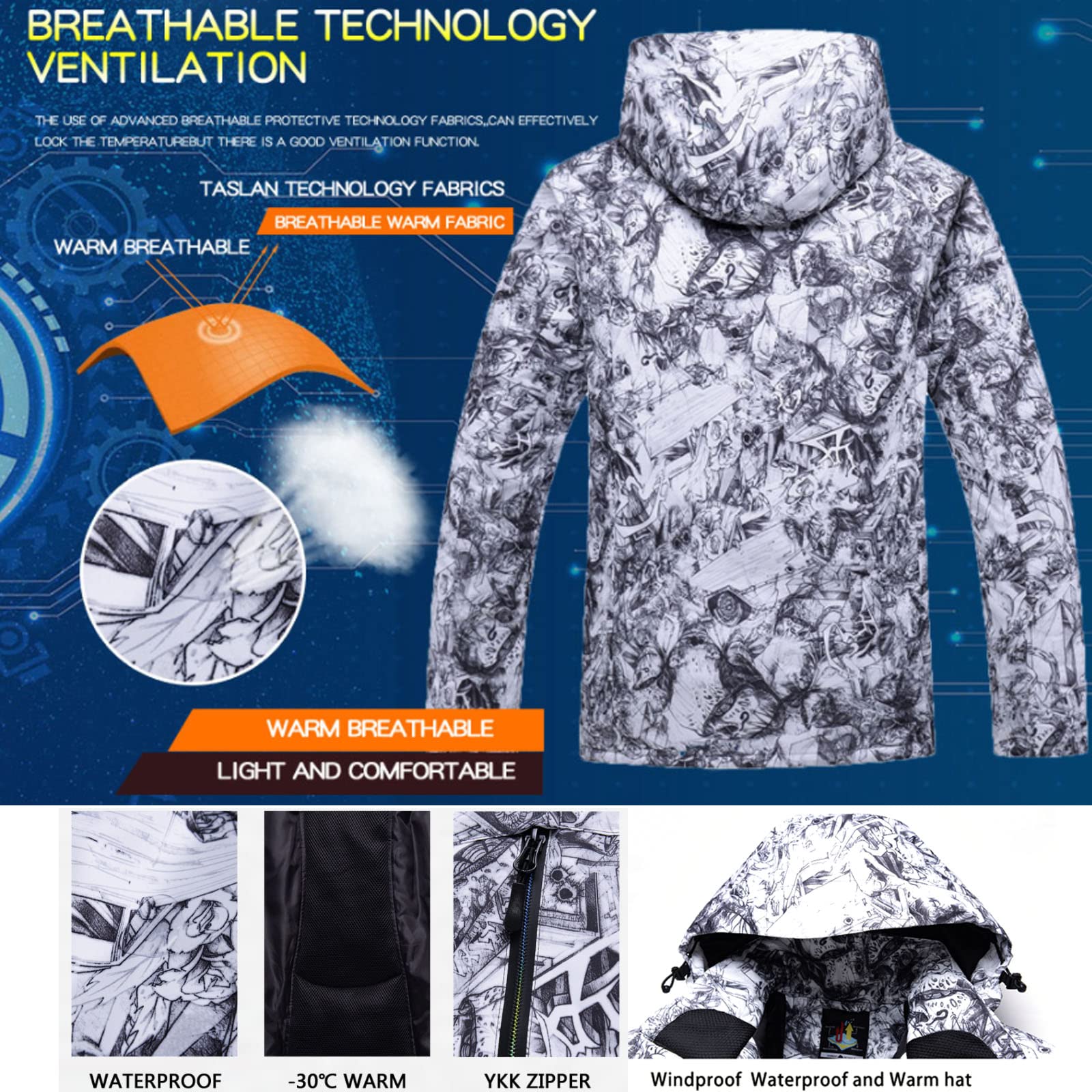 Tuta da Sci da Uomo con Motivo a Nastro Cappotto con Jeans Giacche e Pantaloni da Snowboard Abbigliamento Impermeabile da Esterno Tuta da Neve