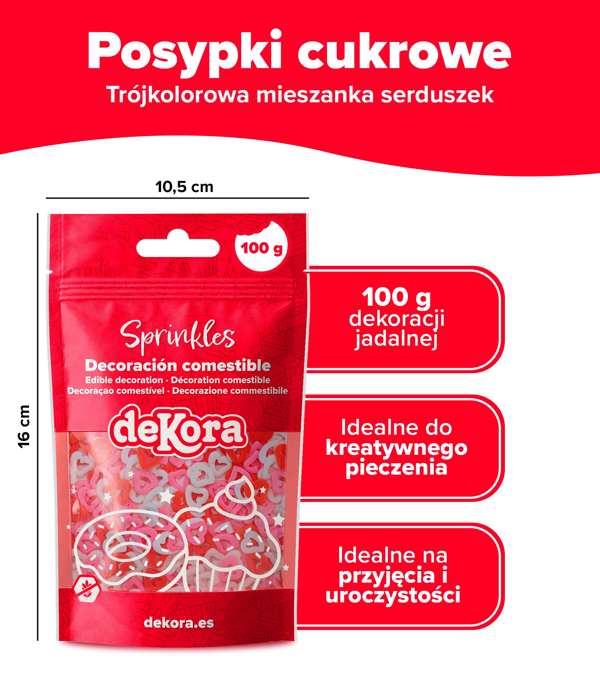 dekora - Sprinkles cukrowe w kształcie pustych serduszek, 100 g – dekoracja tortu i babeczek na Walentynki – z naturalnymi barwnikami