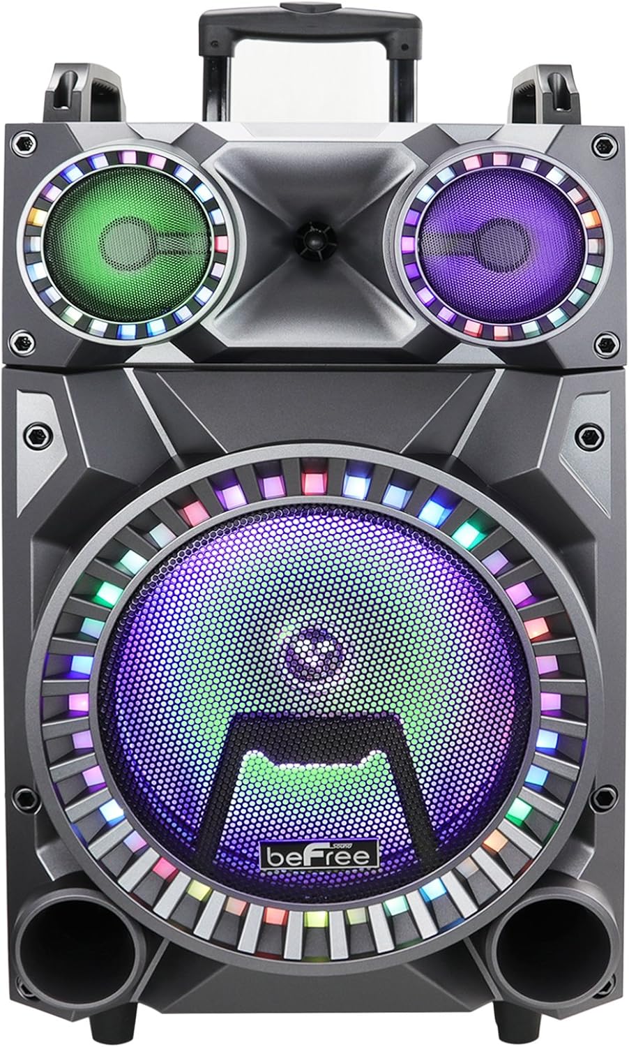 Front close-up of beFree Sound speaker showing the woofer and tweeters with active party lights
