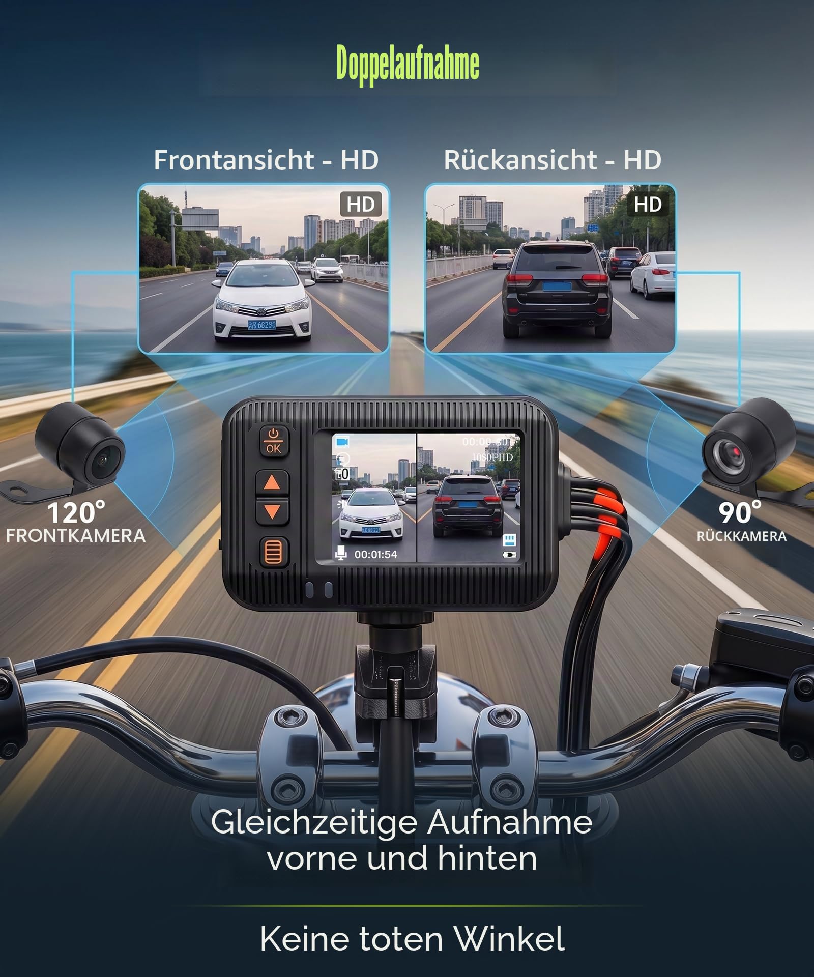 Rimoody 1080P Motorrad Dashcam mit Dual Kameras, 2" Bildschirm, Kamera Doppellinse Vordere und Hintere, Motorradkamera mit IP67 Wasserdicht, Nachtsicht, G-Sensor, Loop-Aufzeichnung, Parküberwachung