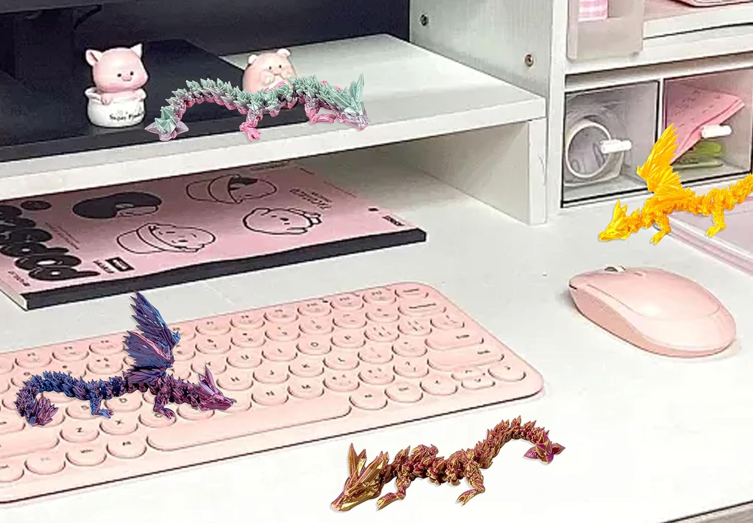 6Pcs 3D Printed Dragon Set,Colorful Articulated 3D Dragon,Include 3Pcs Fidget Dragon and 3Pcs Crystal Dragon,Birthday Gift/Desktop Toys/Home Decoration