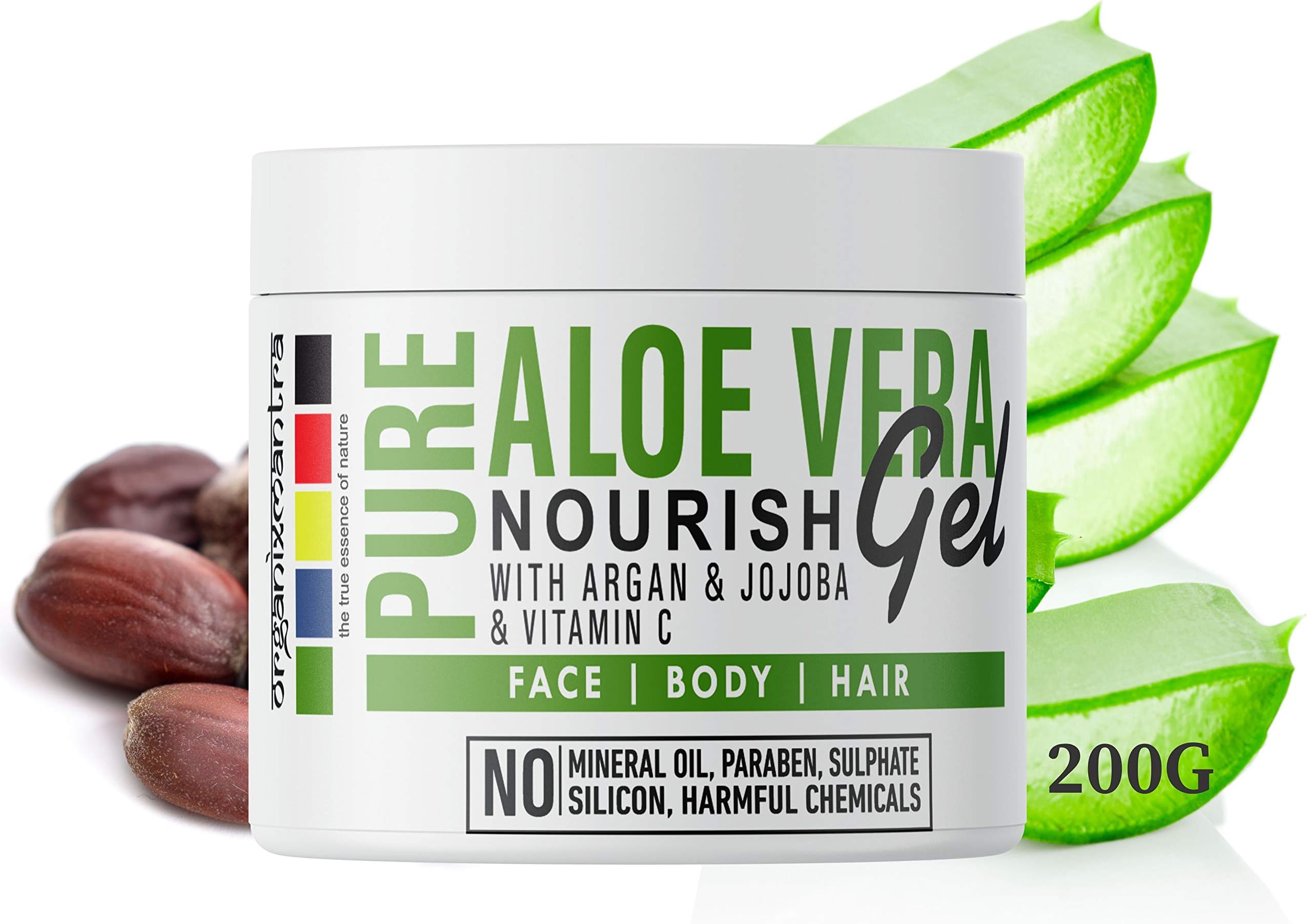 Organix Mantra Pure Aloe Vera Nourish Gel for Skin/Hair with Argan, Jojoba Oil & Vitamin C (No Sulphates/No Parabens) 200GM