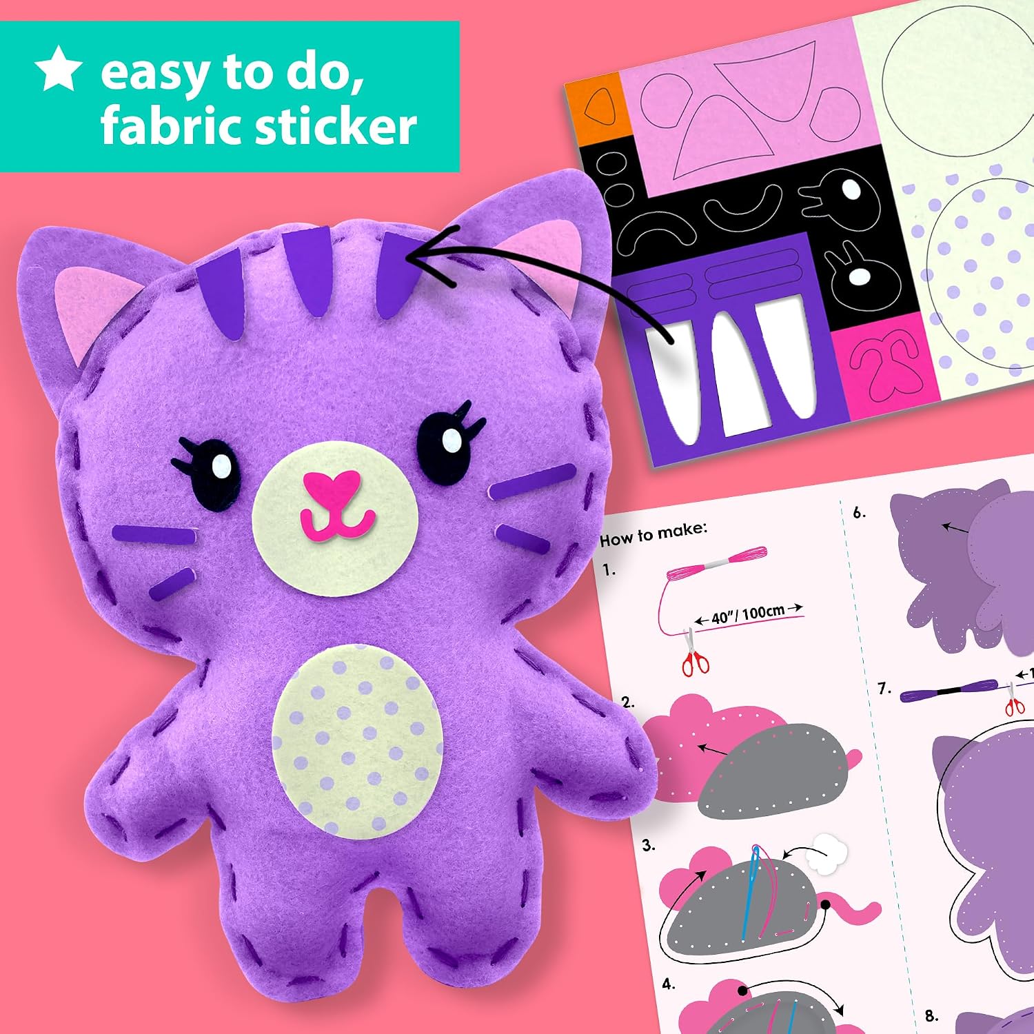 KRAFUN Beginner Sewing Kit, Sew Kitten & Mouse, Pre-Cut Felt, Kids Ages 5+ | Beginner Sewing Kit: Sew 2 Plushies, Kitten & Mouse. Pre-Cut, Pre-Punched Felt, No Scissors. Safe Plastic Needle for Kids