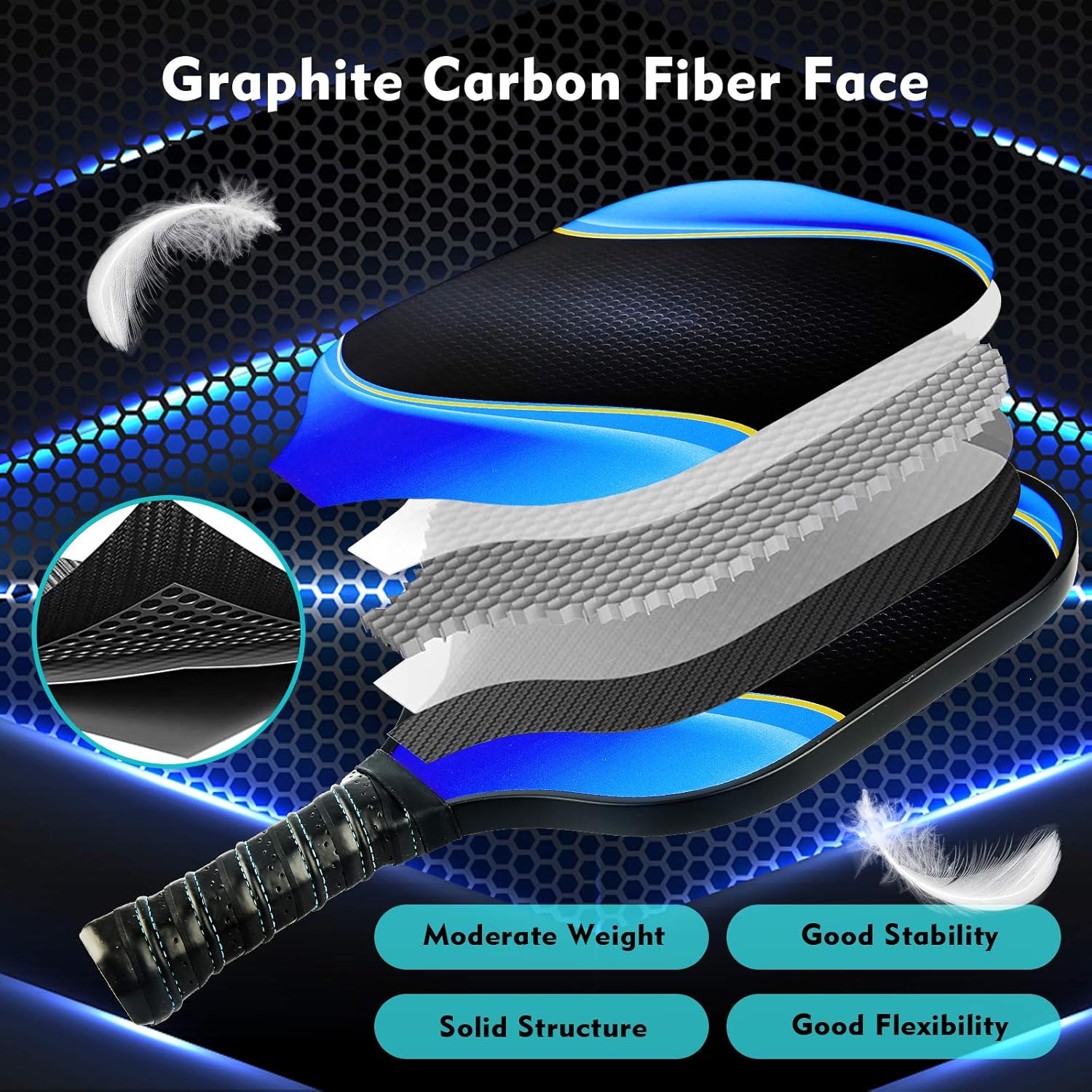 Pickleball Paddle Set of 2 Graphite Rackets Honeycomb Composite Core with Carbon Fiber Surface 4 Lightweight Pickleballs & Portable Carry Bag Case for Indoor/Outdoor