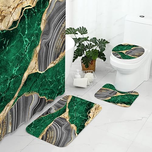 Miniatura 2 de Gibelle Juego de 4 cortinas de ducha de mármol con alfombras antideslizantes, cubierta para tapa de inodoro y tapete de baño, juego de decoración de